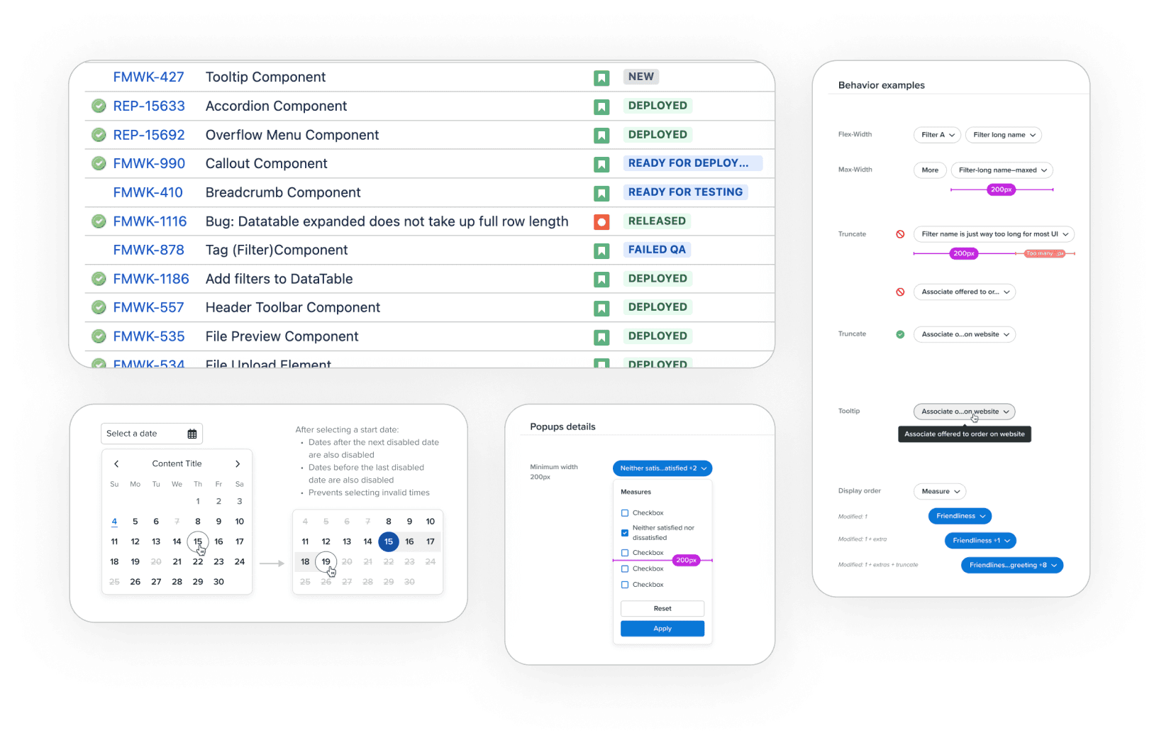 A list of component features, with some complete and others documented beside