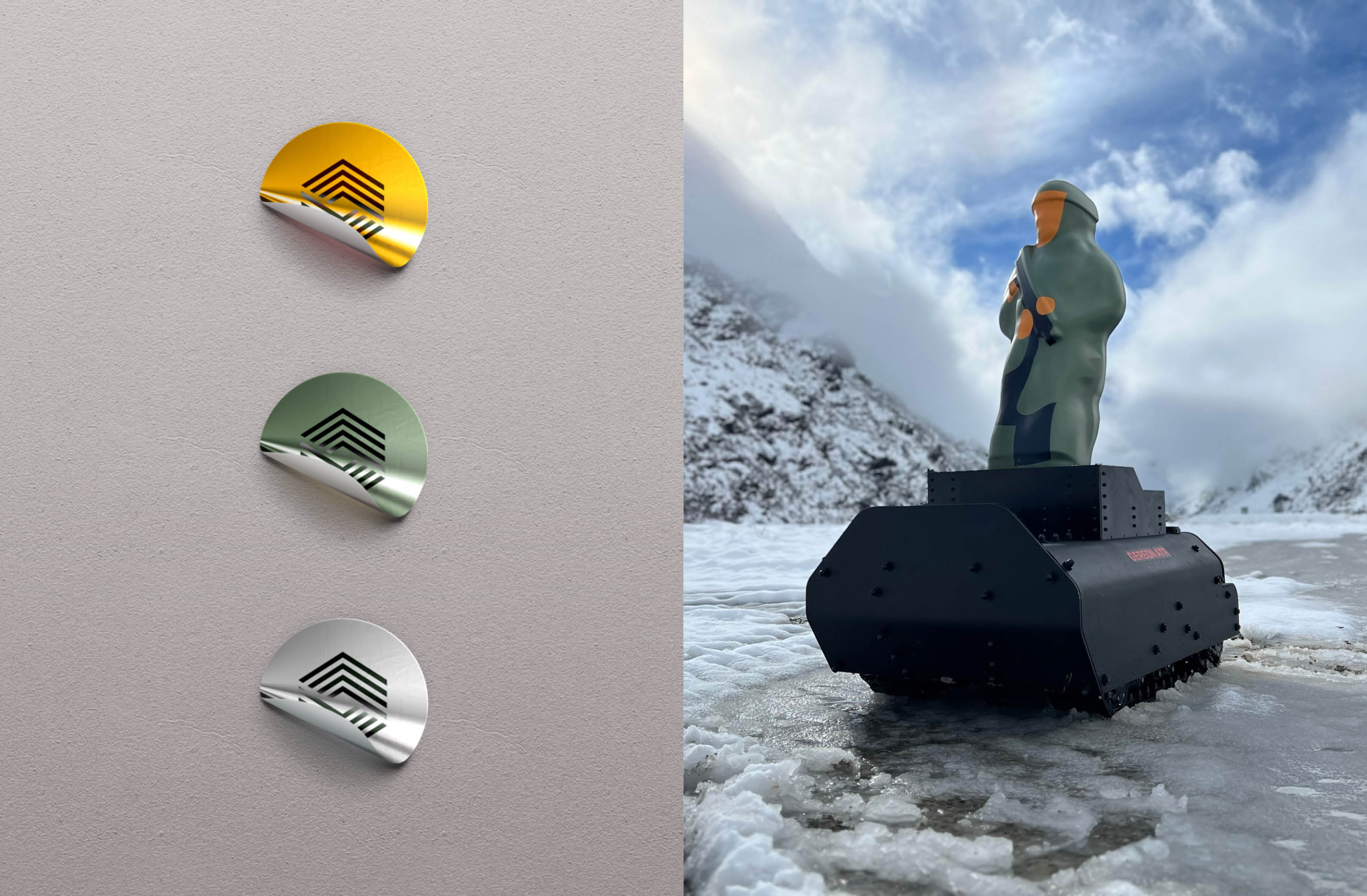 Three colorful metal sculptural wall hangers beside a creative figurine atop a tank on an icy landscape.