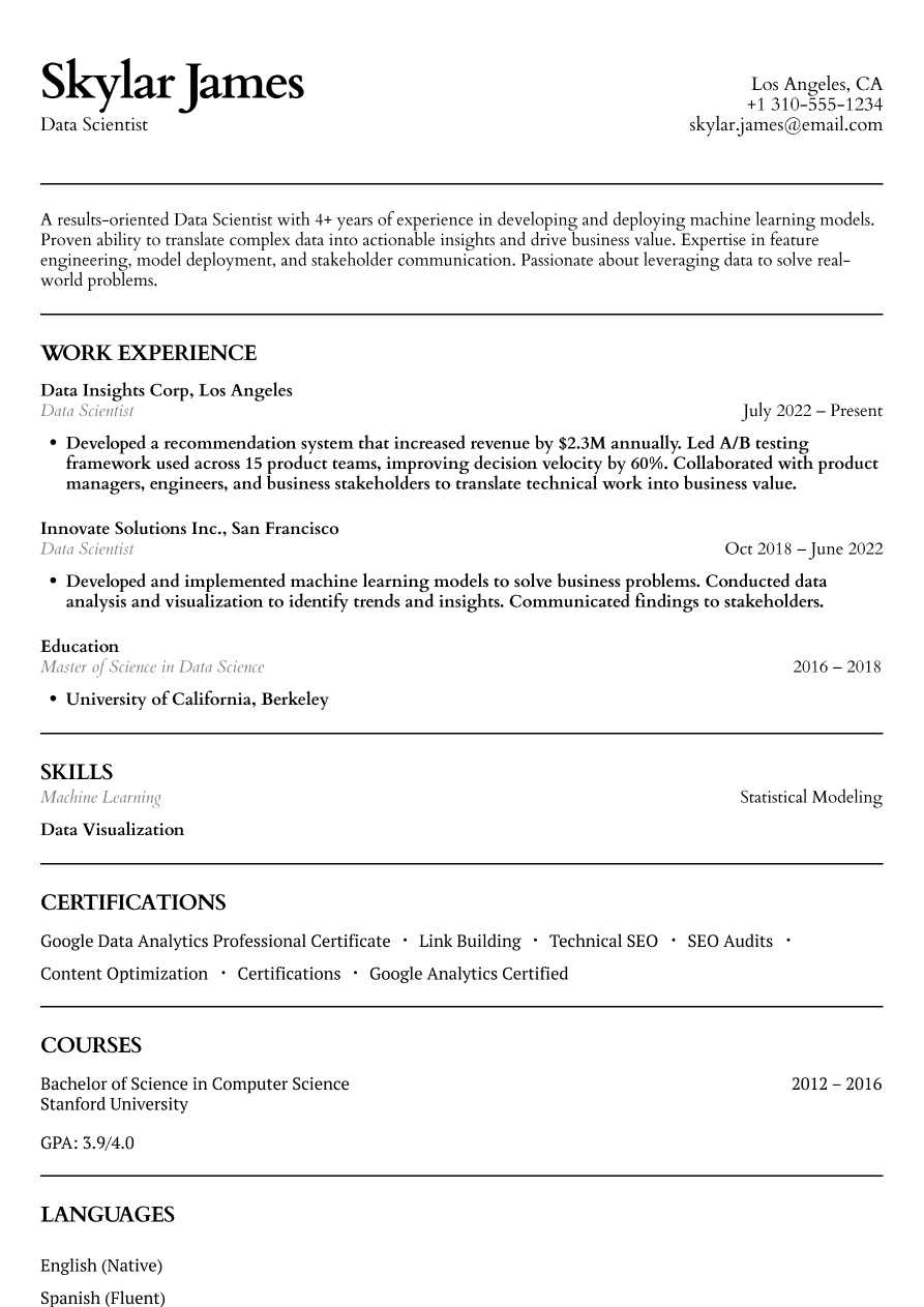 Data scientist resume example with balanced technical and business focus