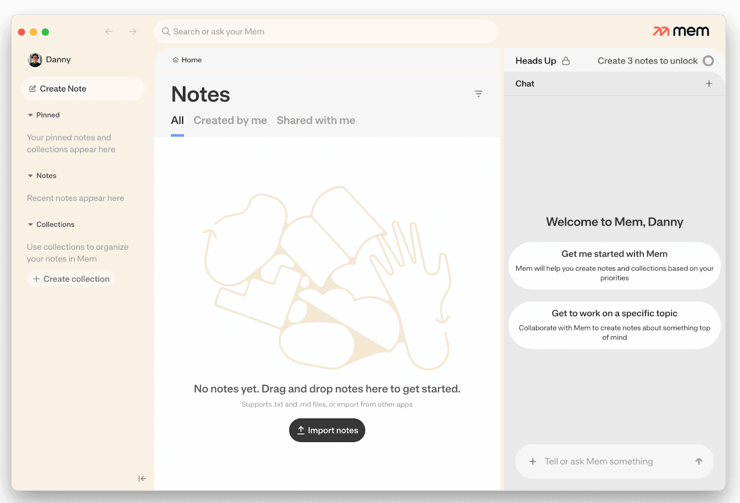 Screenshot of the Mem 2.0 home screen showing an empty Notes dashboard, sidebar navigation, and a chat panel prompting the user to get started.