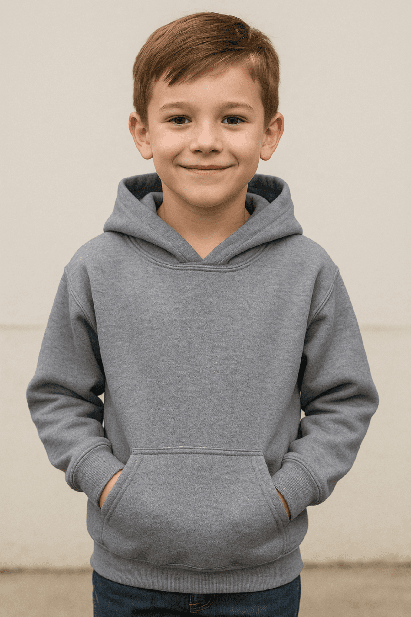 A young boy smiles while wearing a gray hooded sweatshirt.