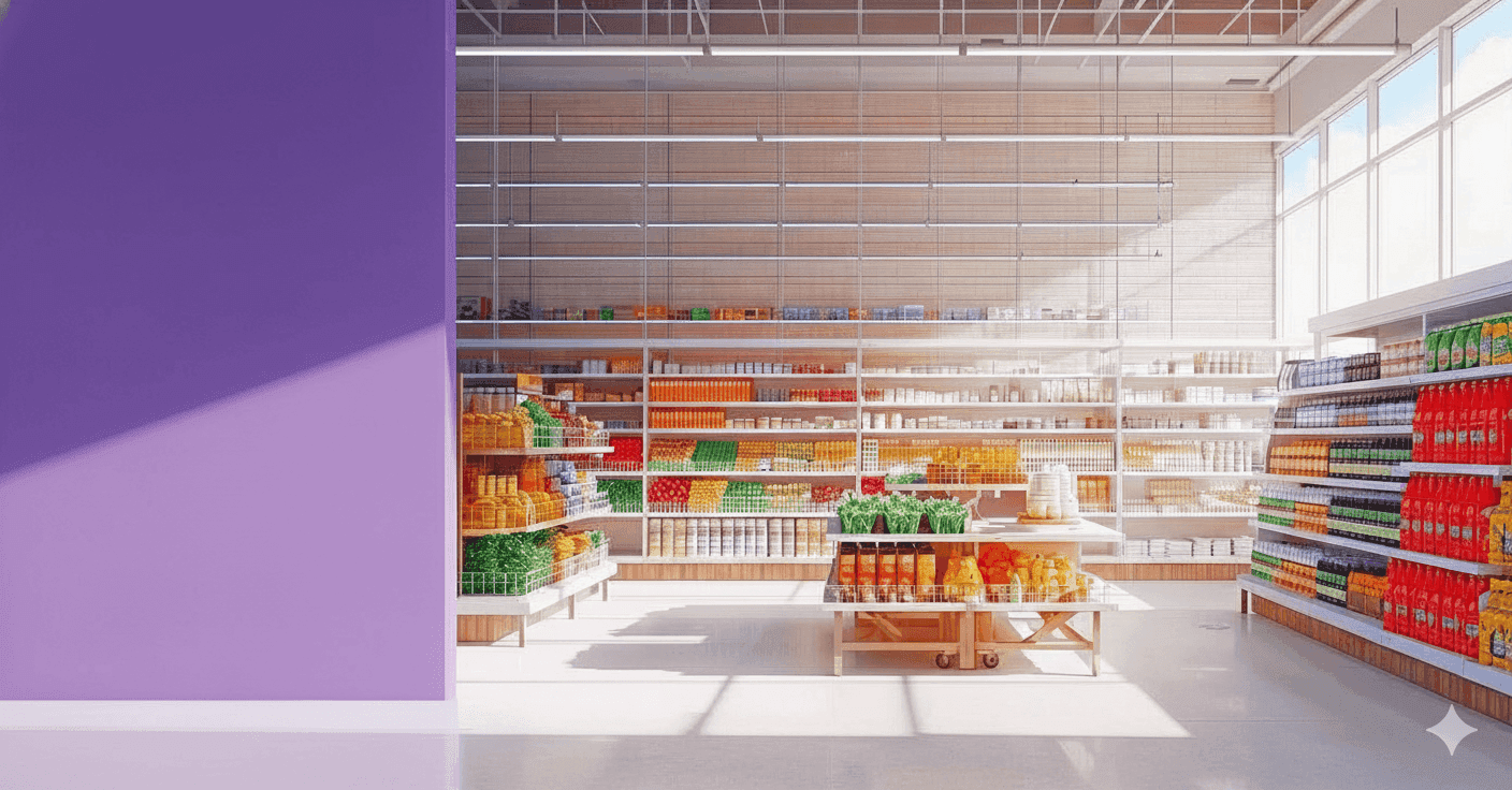 Aisle of a brightly lit supermarket with shelves stocked with food and household items.