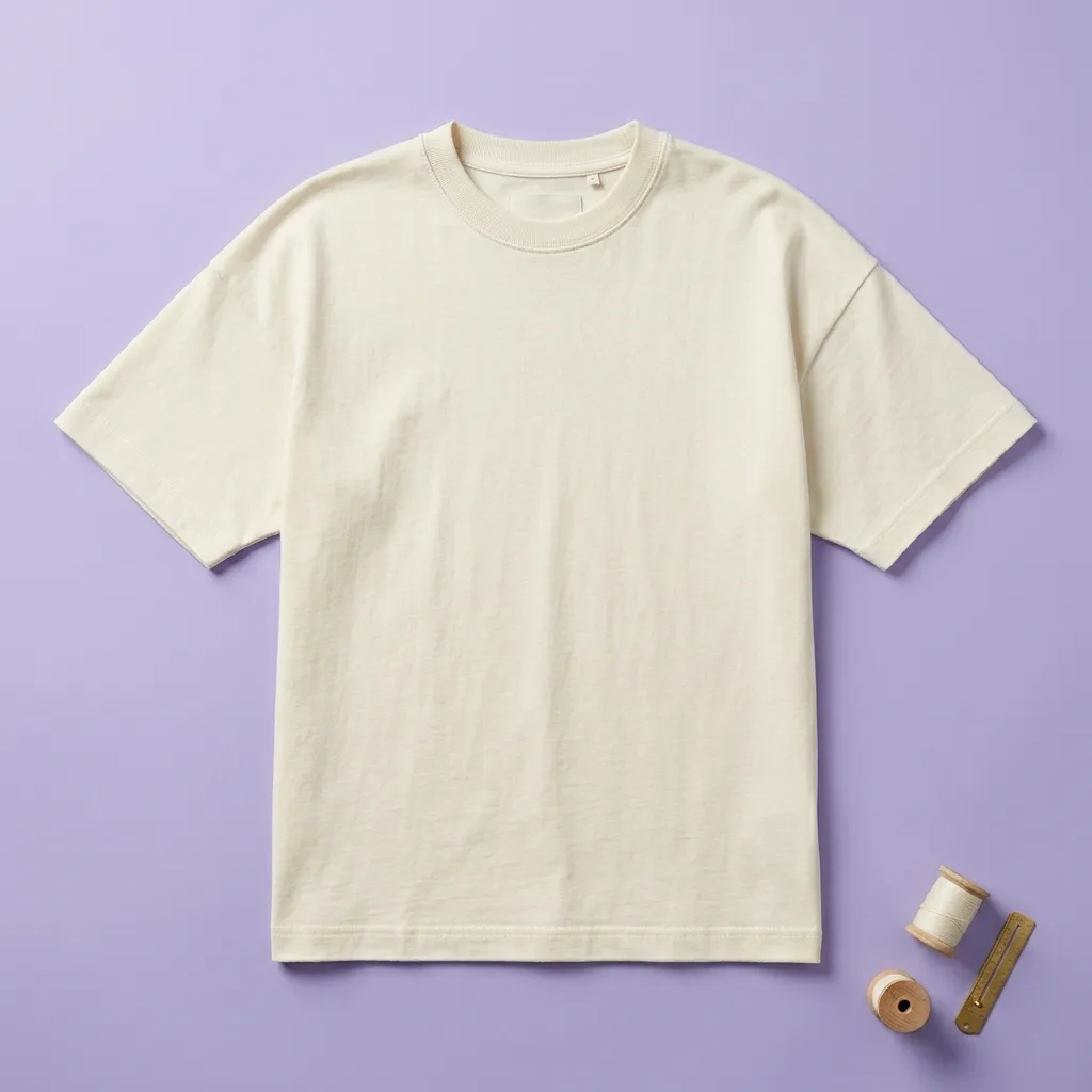 A cream colour t-shirt laid flat on a light purple background there are 2 thread cone and a comb kept on the corner