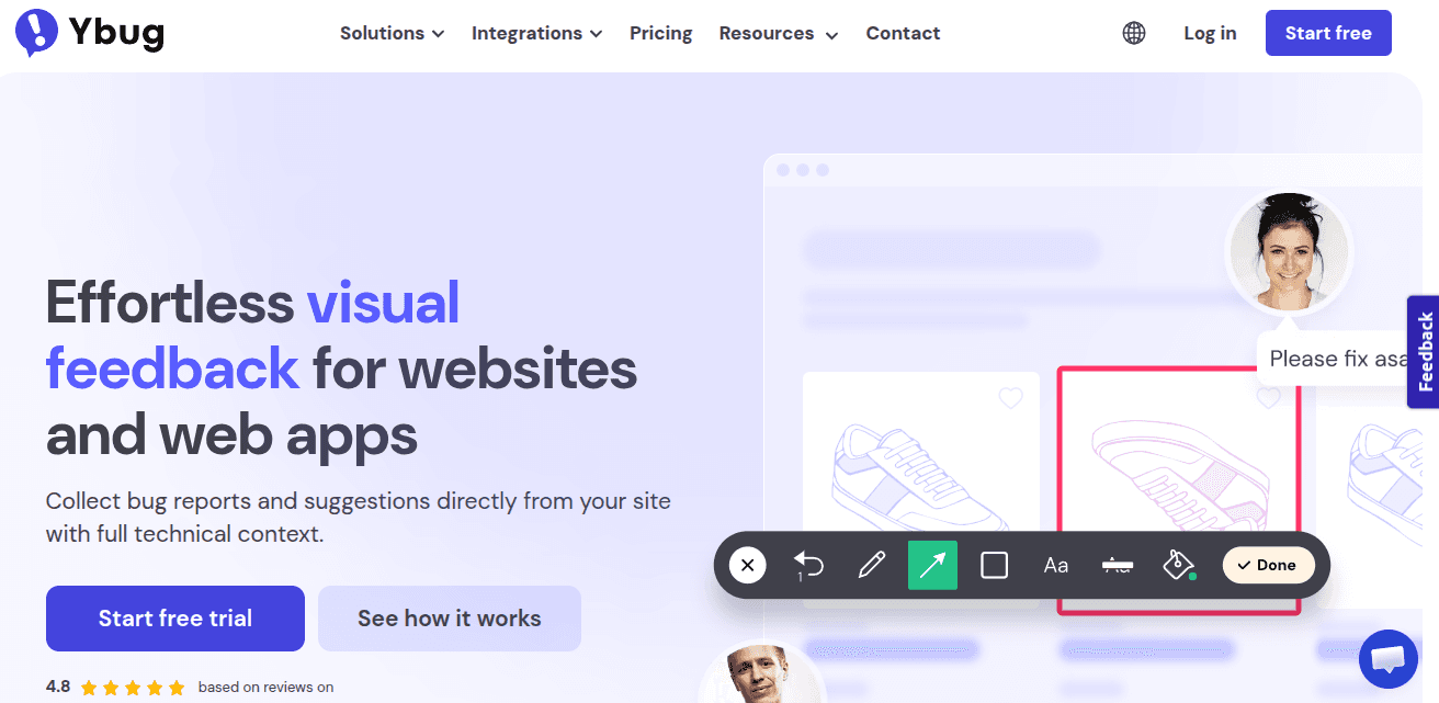 Ybug homepage showing its visual feedback widget for websites with an annotated screenshot and bug report toolbar