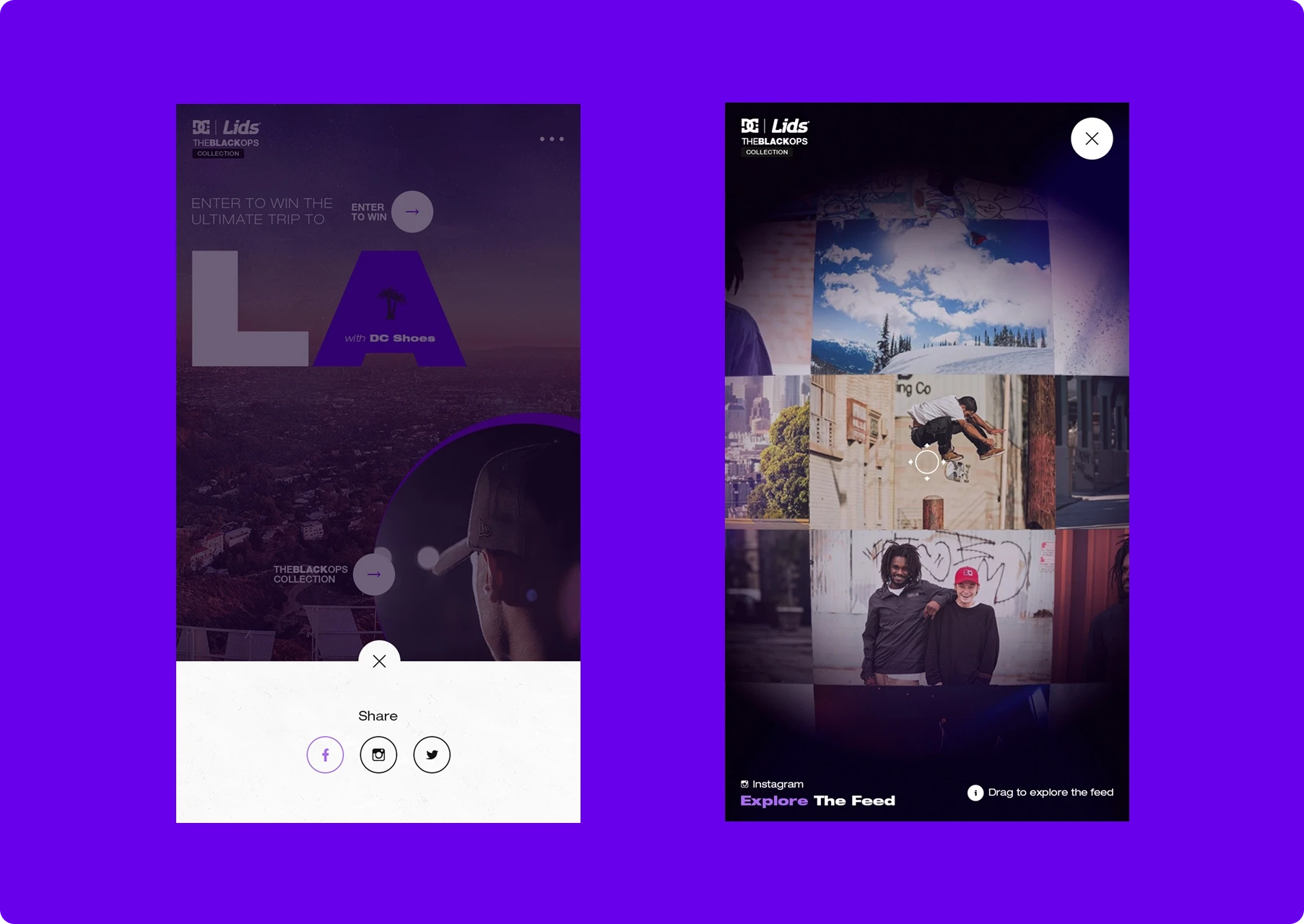 Two smartphone screens on a vivid purple background: a Lids sharing panel at left and an “Explore the Feed” photo collage at right.
