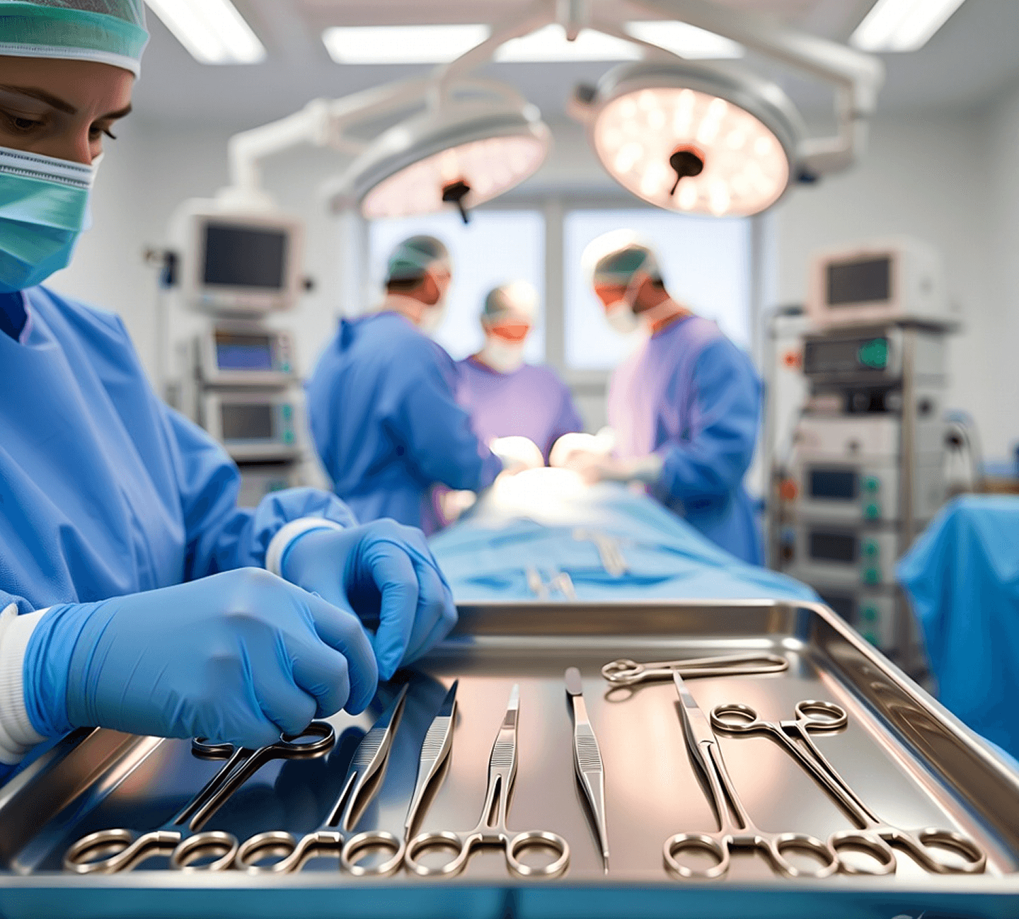 Surgeon preparing surgical instruments in an operating room.