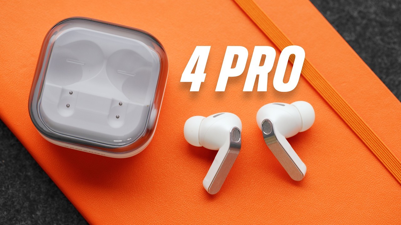 MKBHD-style earbuds review thumbnail with transparent case, white buds, and orange background