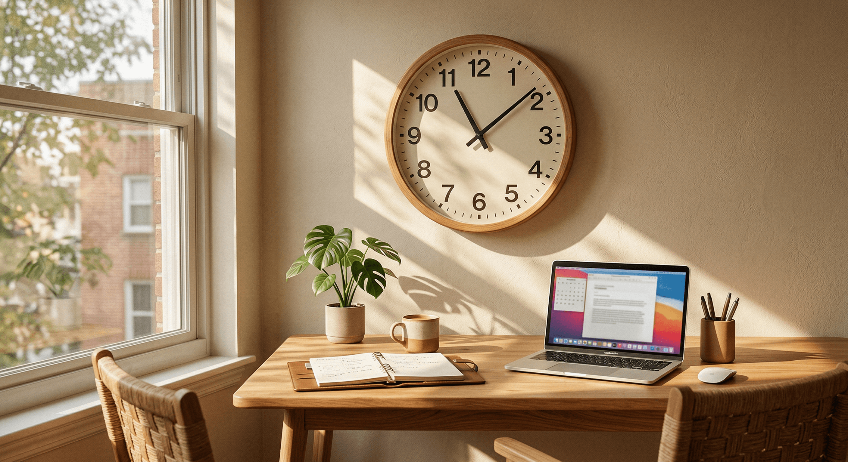 Home office with a wall clock and open planner representing flexible schedule accommodations under the ADA