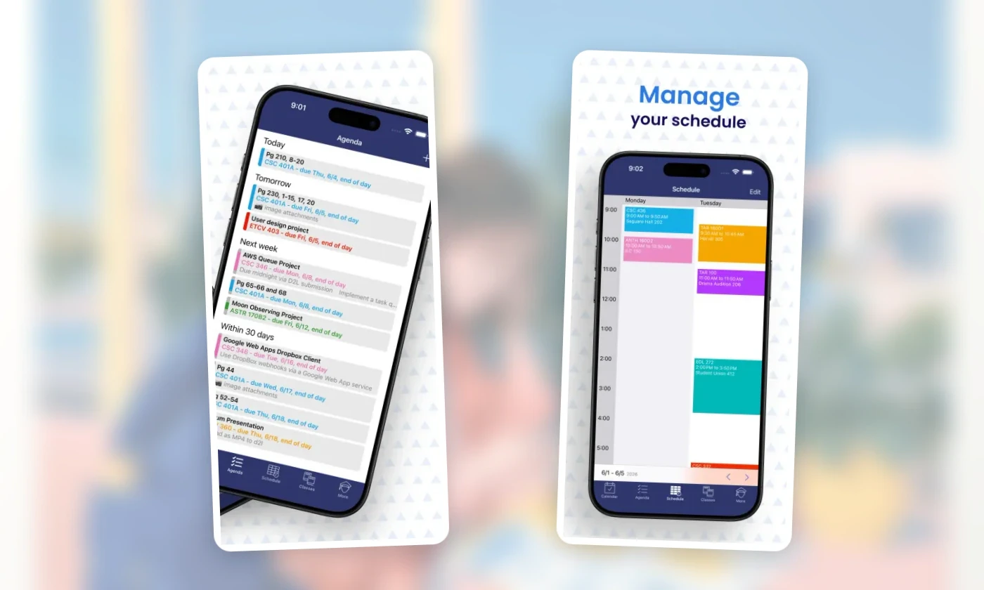 Official Power Planner screens showing an agenda and class schedule.