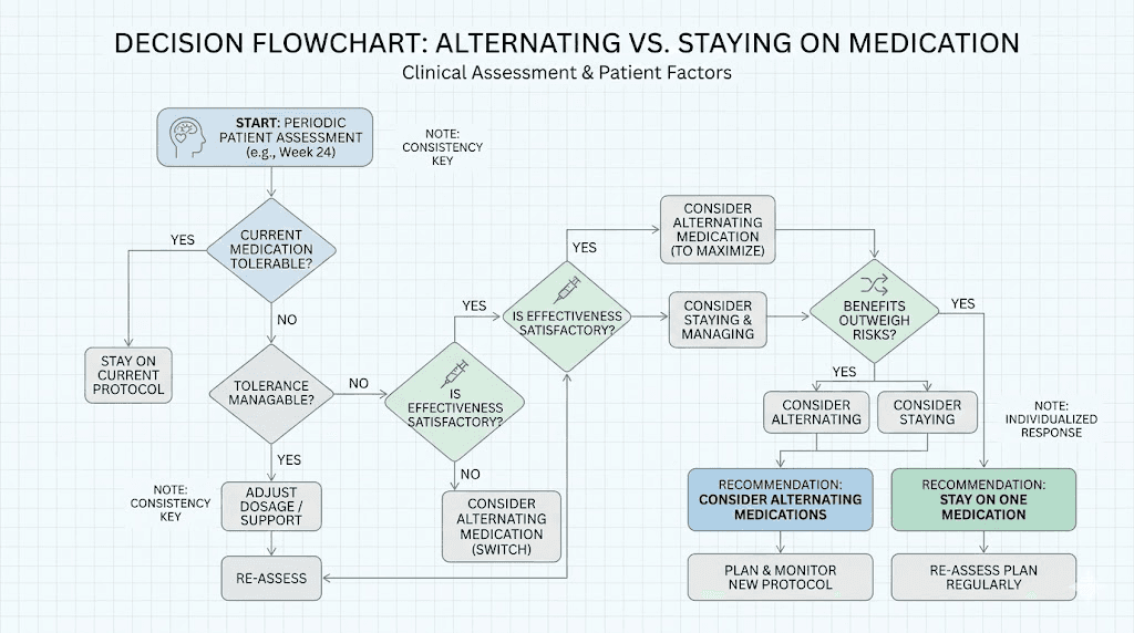 Decision flowchart for alternating between semaglutide and tirzepatide