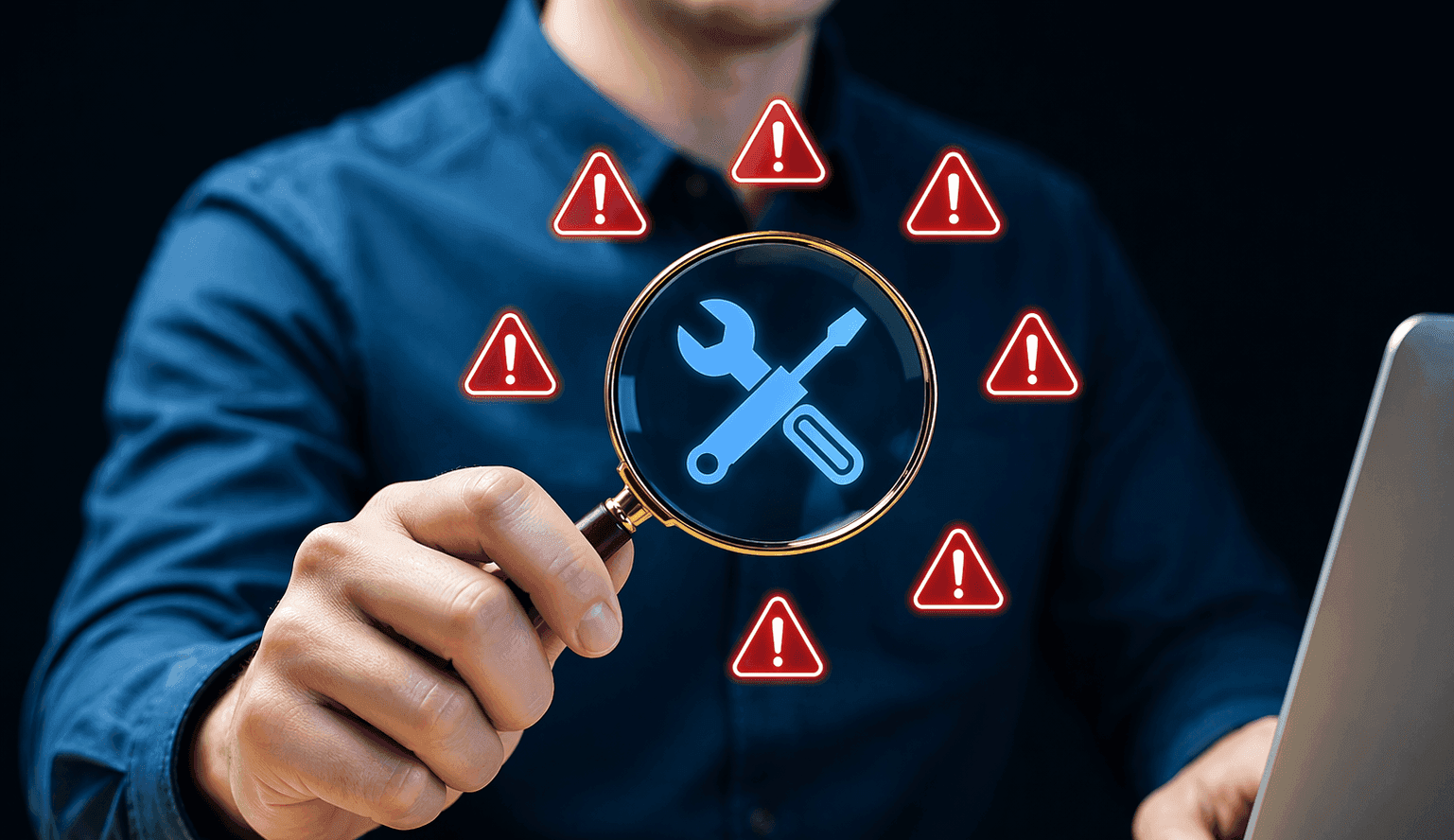 A magnifying glass hovering over a digital screen with code and error warning icons, representing system troubleshooting.