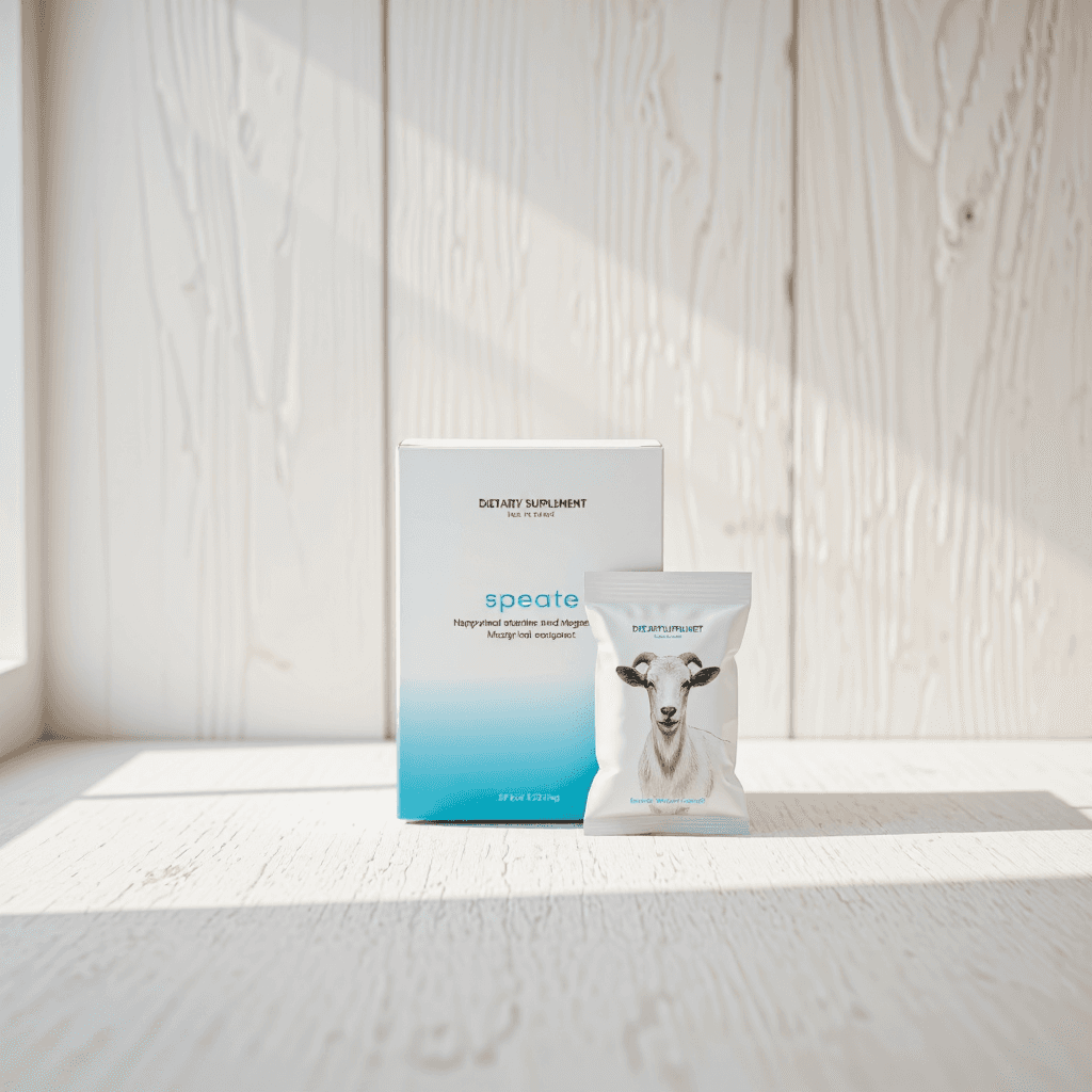 product photography of box of dietary supplement with a sachet