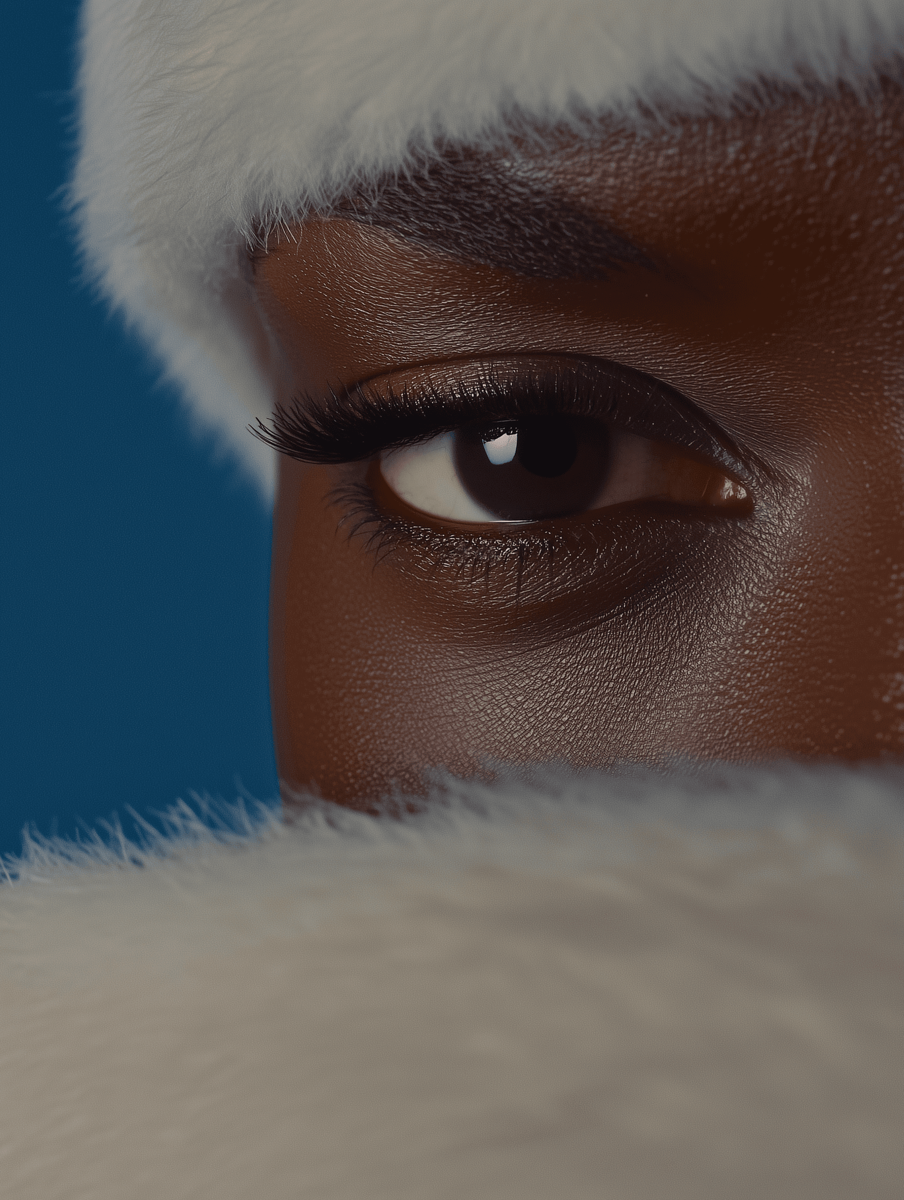 Close-up of a sharp eye of a dark-skinned woman wearing a white fur accessory, with a blue background creating an elegant contrast.