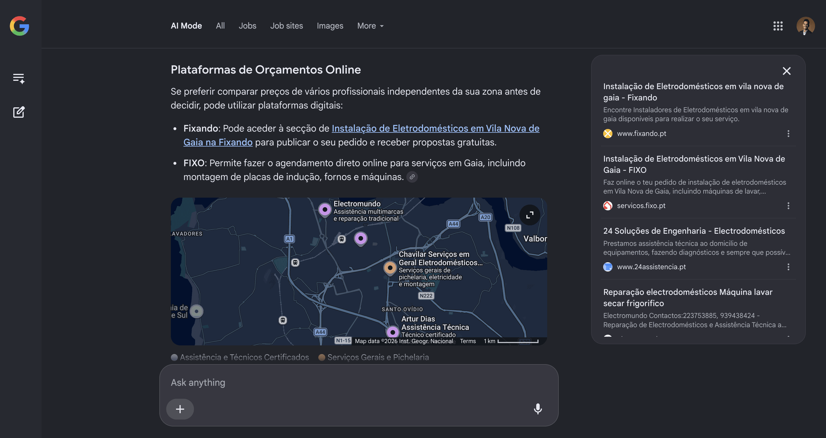 Google AI Mode answer on service marketplaces in Gaia listing FIXO with a link to servicos.fixo.pt