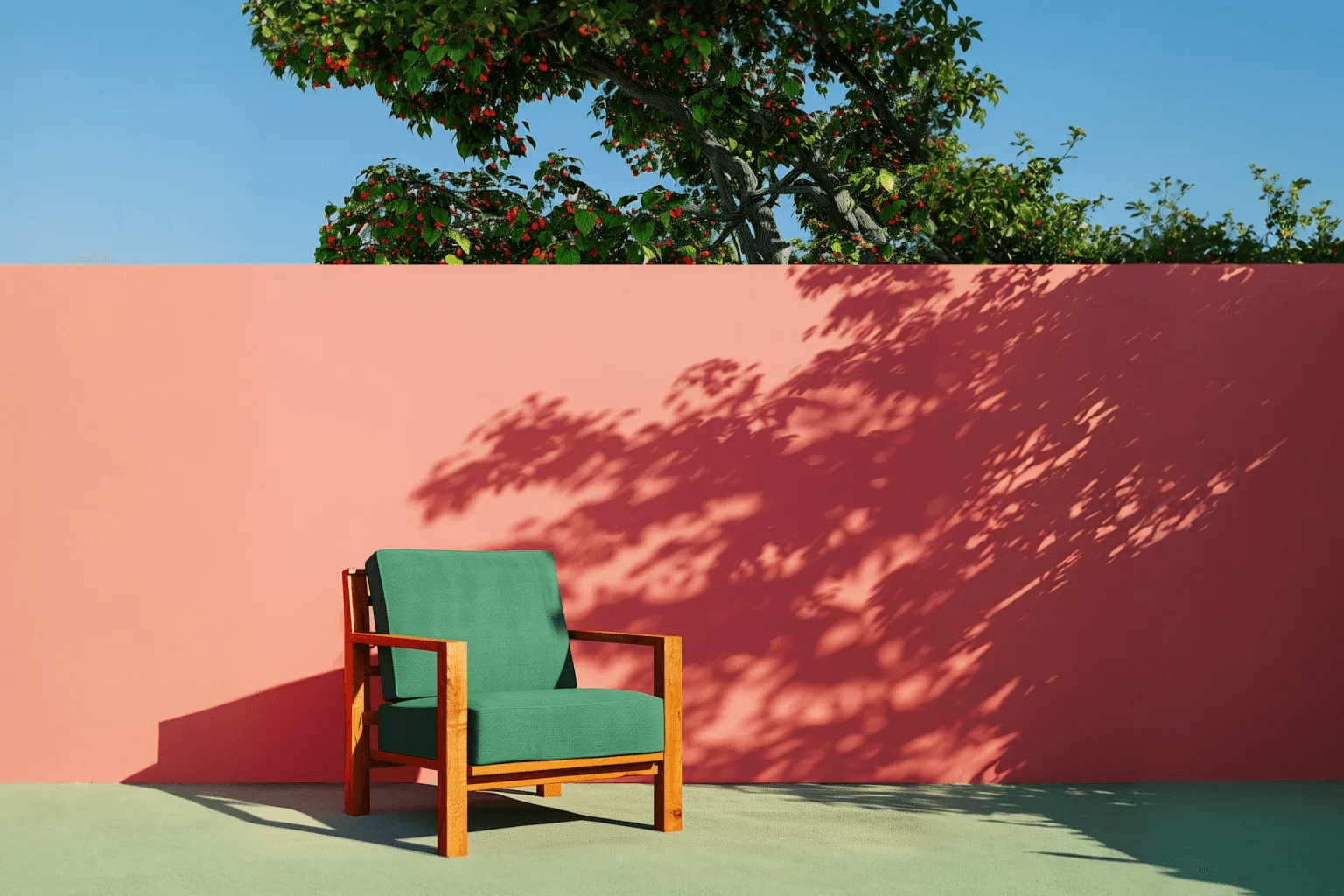 Green chair casting a shadow against a pink wall with a tree above.