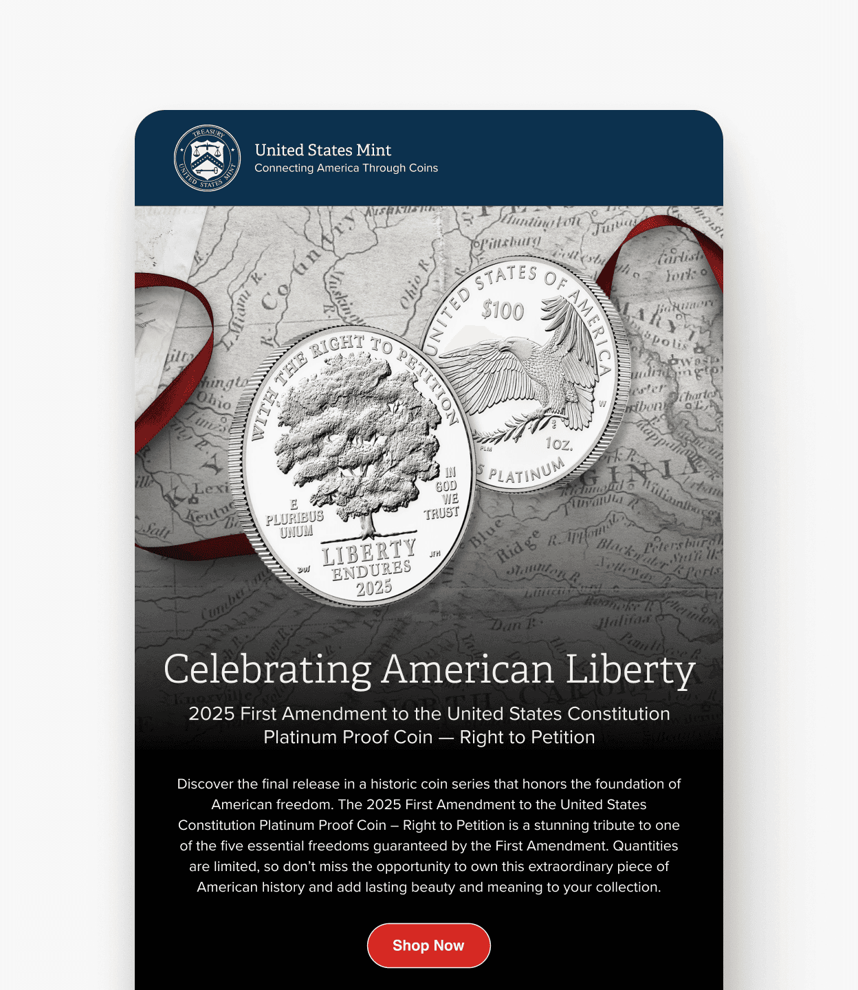 An example of promotional email feautring the Platinum Proof Coin.