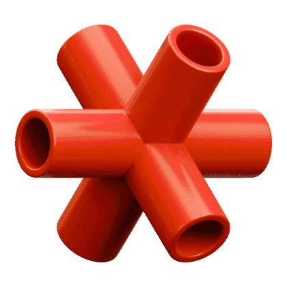 A 3D rendered geometric shape resembling a purple plastic pipe connector with six cylindrical openings arranged symmetrically, showcasing a modern and abstract design.