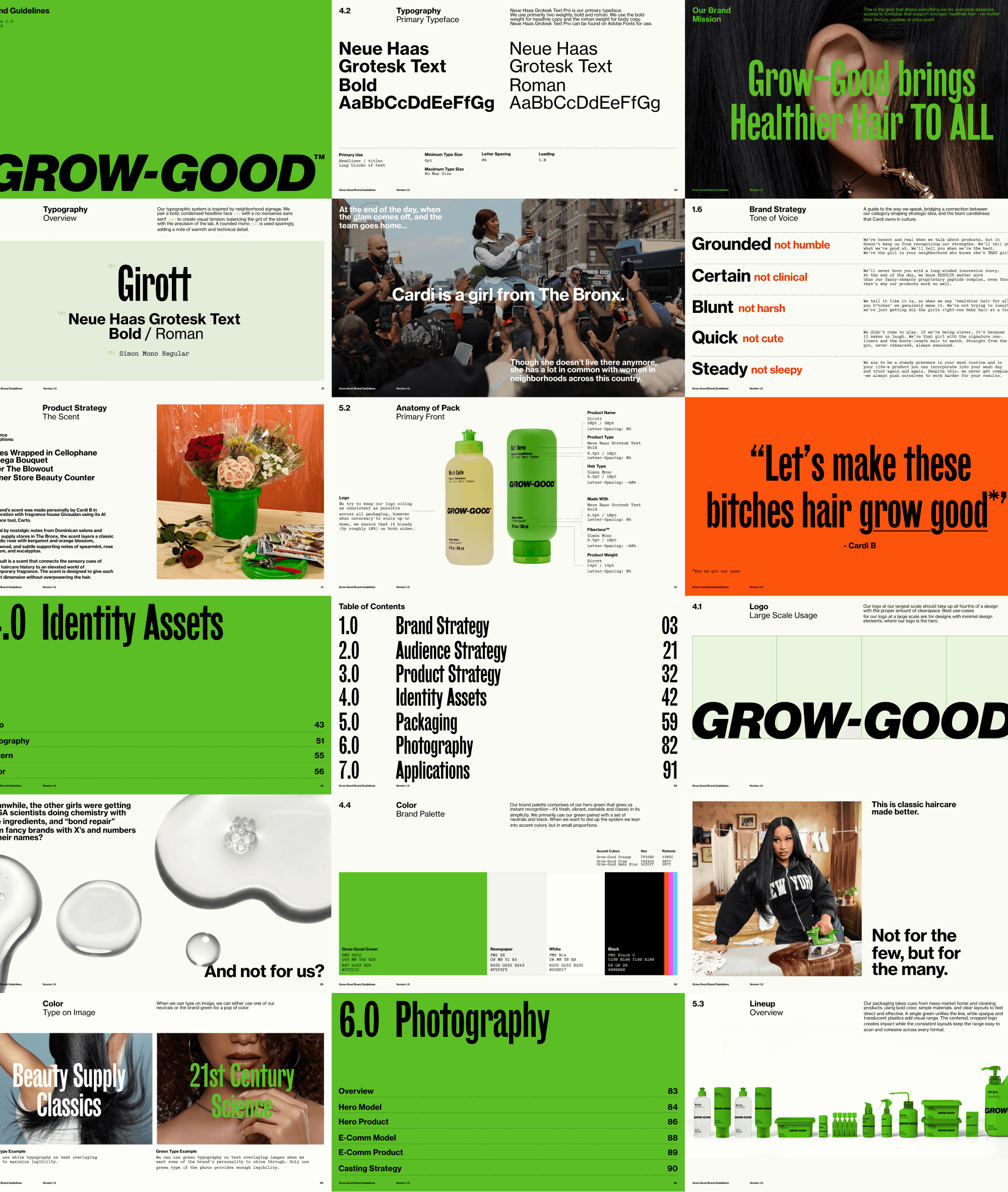Grow-Good Beauty brand strategy and creative direction document showing typography, photography, and identity assets