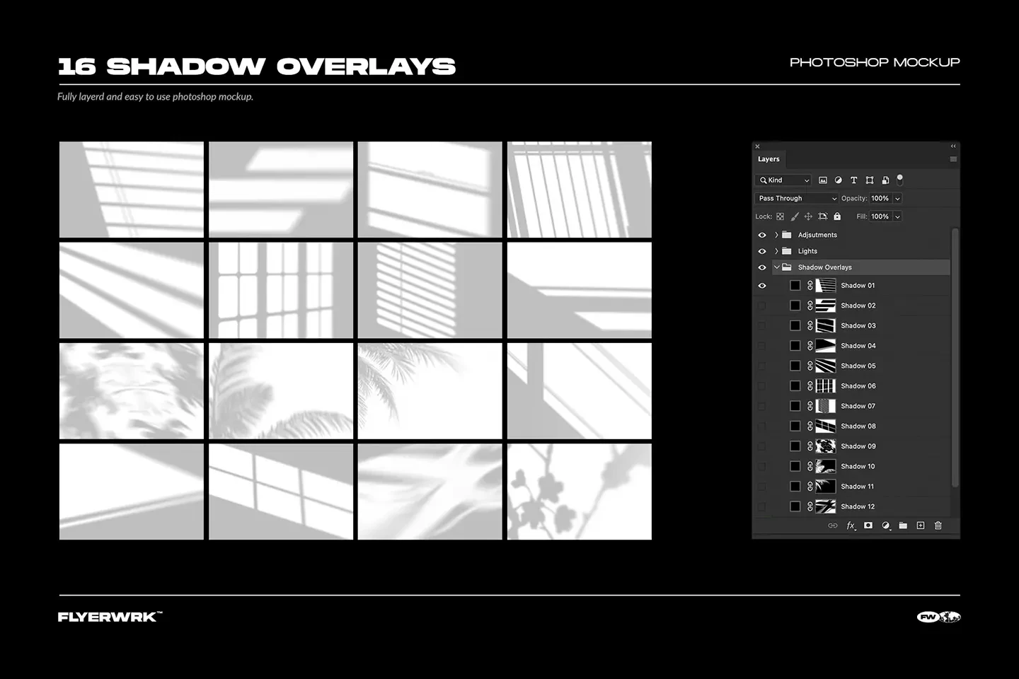 Shadow Overlays Scene Creator showing 16 different window and plant shadow options in the Photoshop layers panel