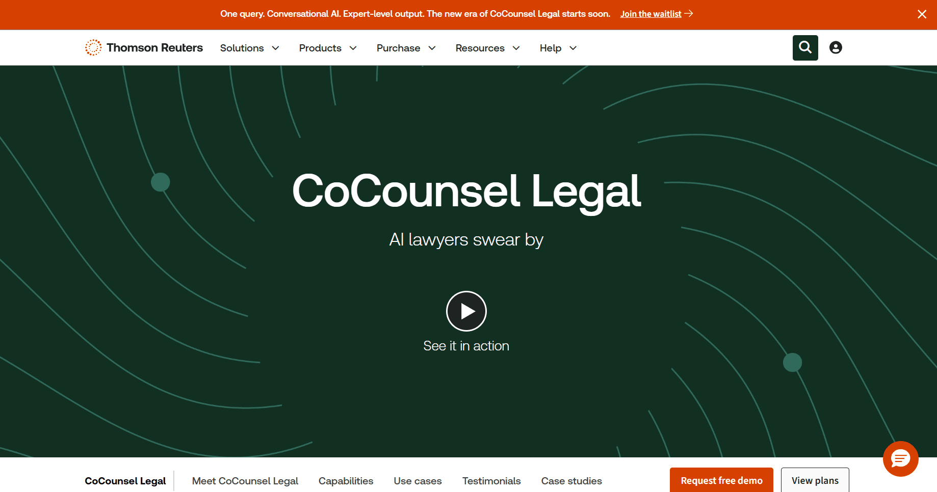 Homepage screenshot of Thomson Reuters CoCounsel Legal featuring the headline “CoCounsel Legal,” a play button to see it in action, and demo and pricing buttons below.