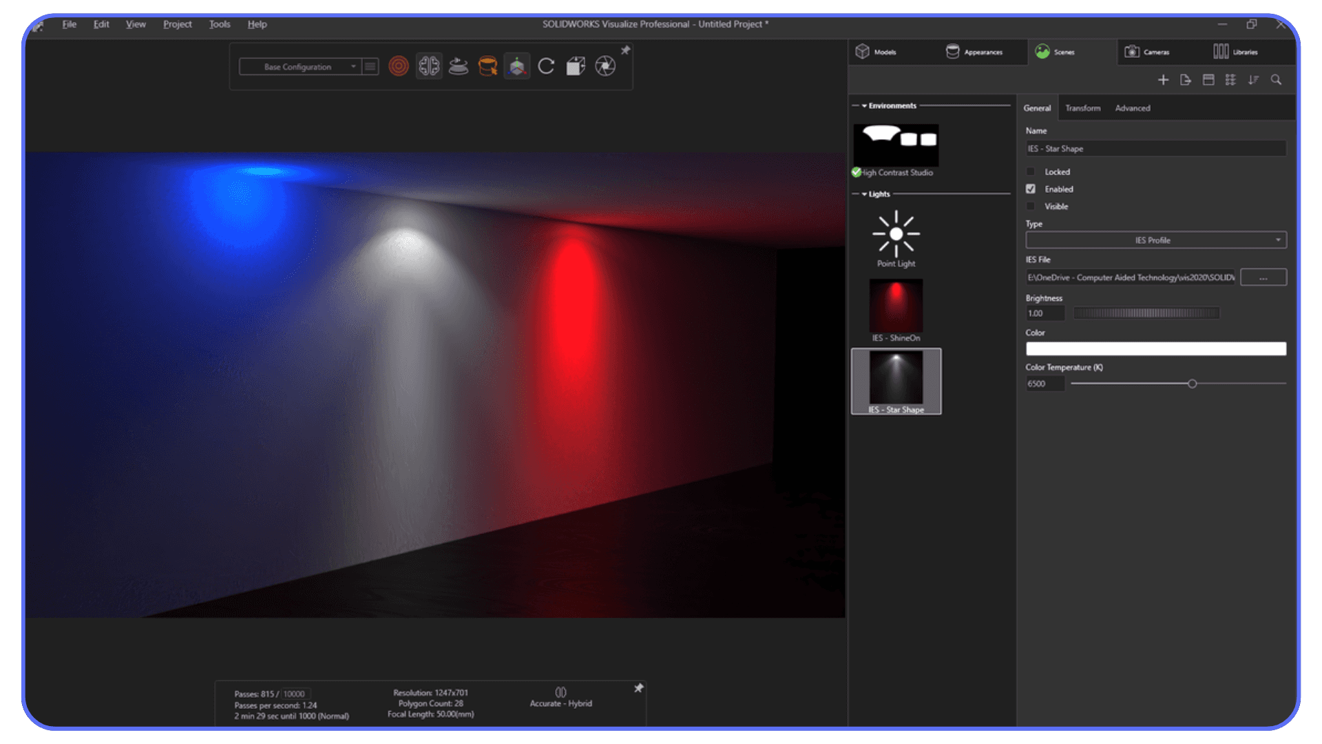 SolidWorks Visualize lighting setup demonstrating colored IES light profiles with red, blue, and white spotlights on a wall.