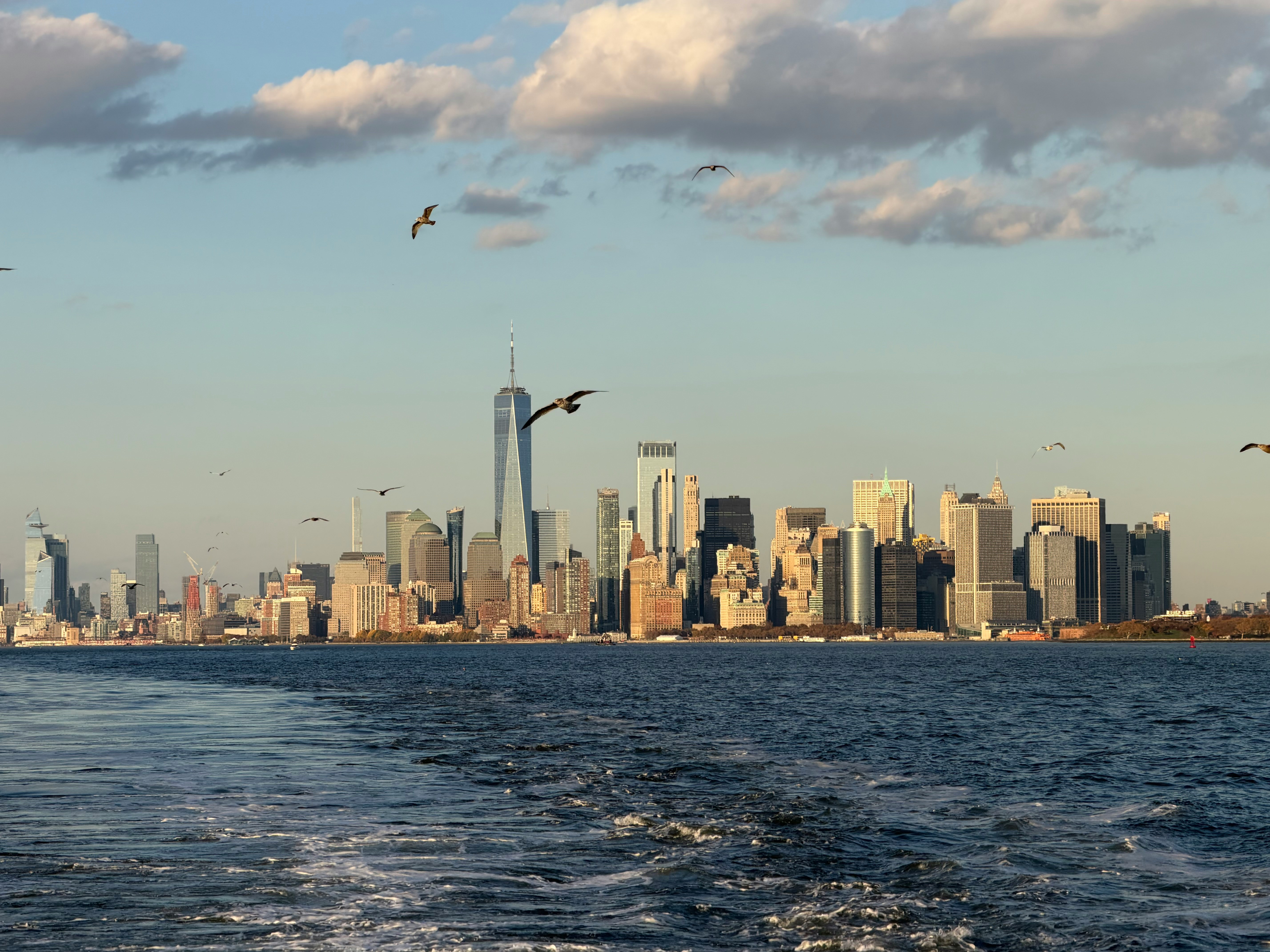 New york city skyline viewed from the water.