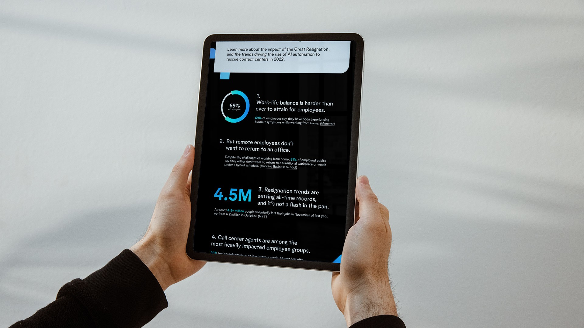 Hands holding a tablet displaying a Replicant-branded infographic focused on workforce trends and AI automation, featuring bold typography, data visualization, and editorial-style information design on a dark interface.