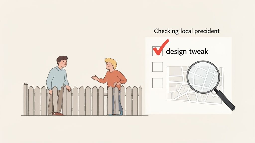 Two men talk over a fence next to a checklist with 'design tweak' checked and a map.