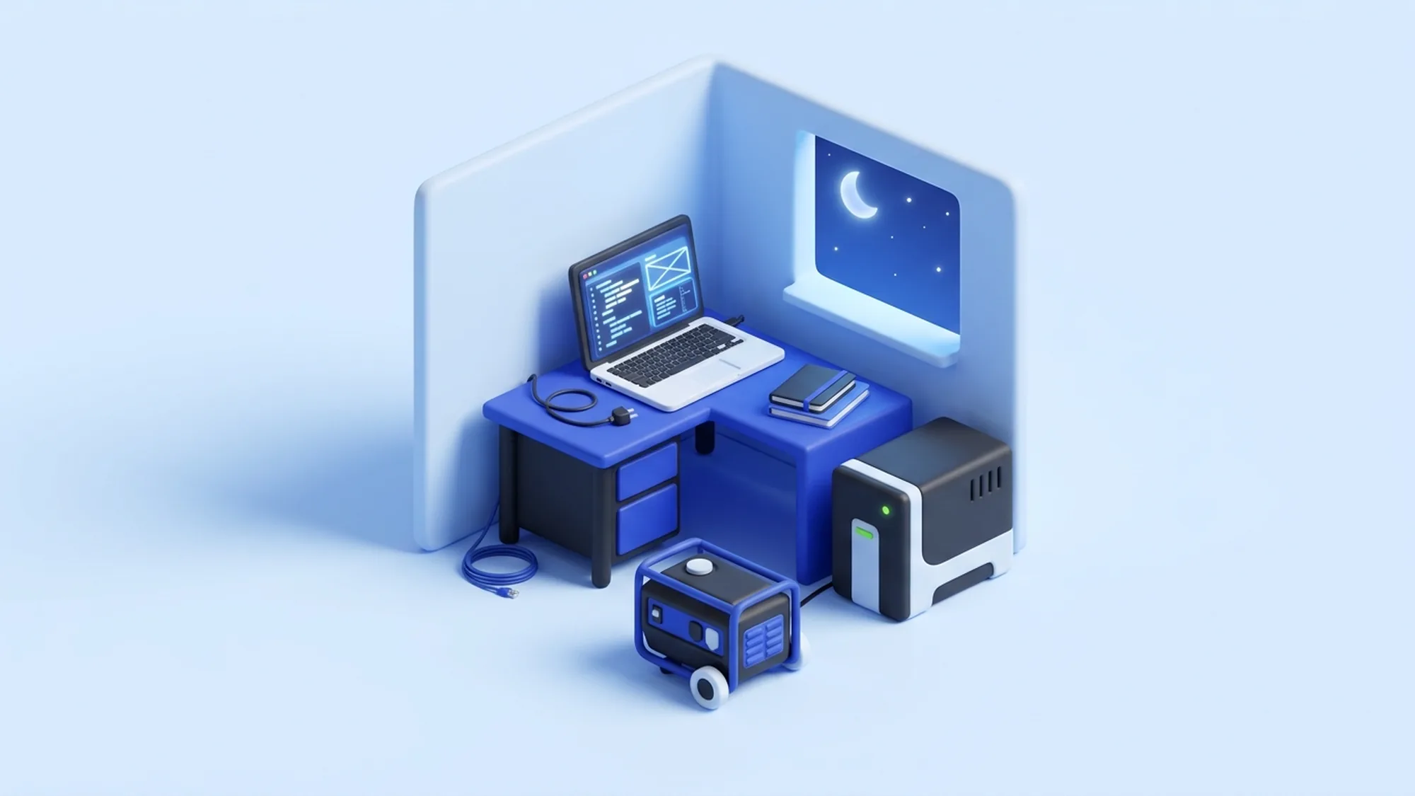 Illustration 3D des délestages à Antananarivo : onduleur et groupe électrogène pour une web agency