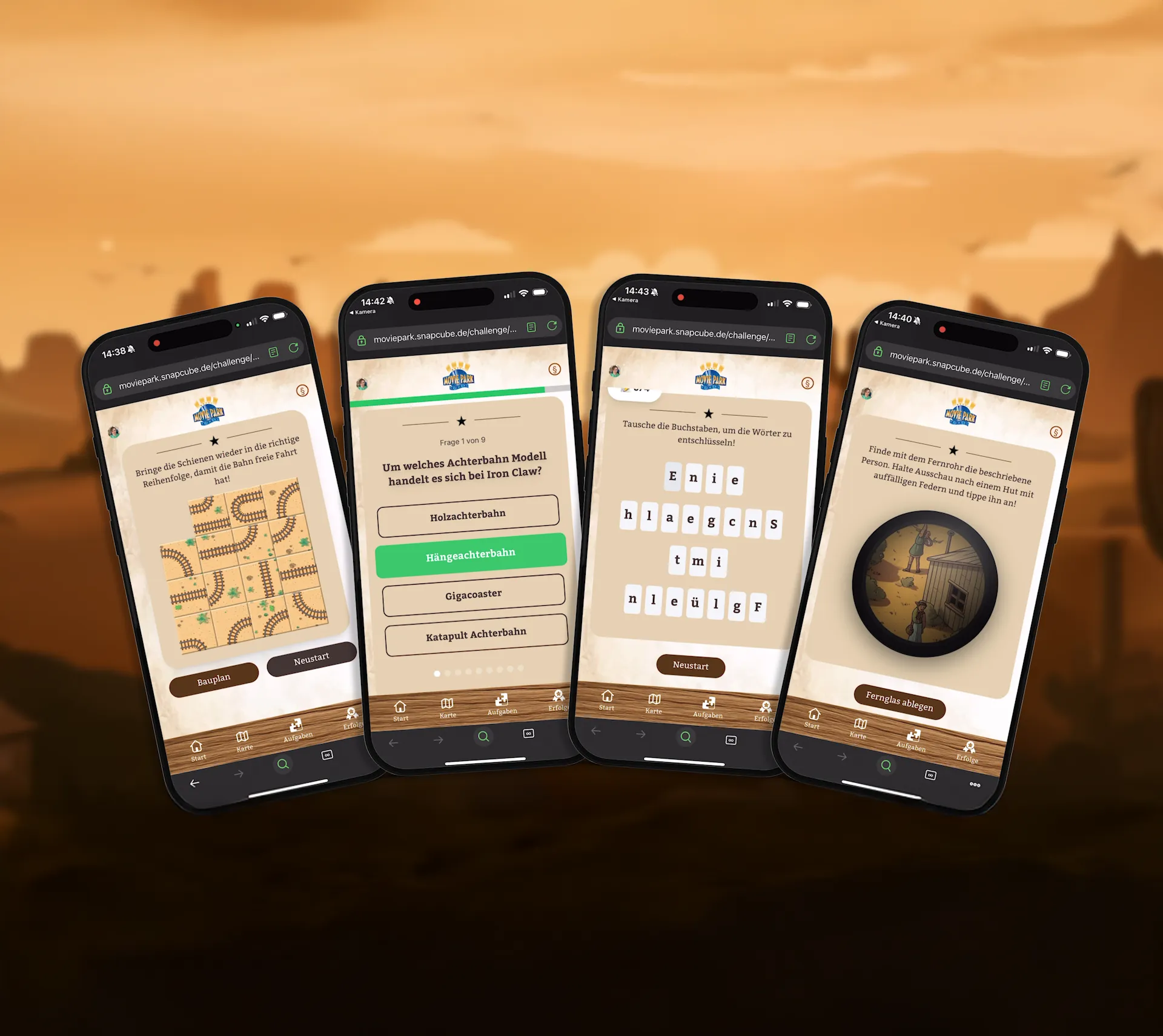 Four phones showing Shadow Kane mini-games: a track puzzle, a quiz, a word game and a spyglass task