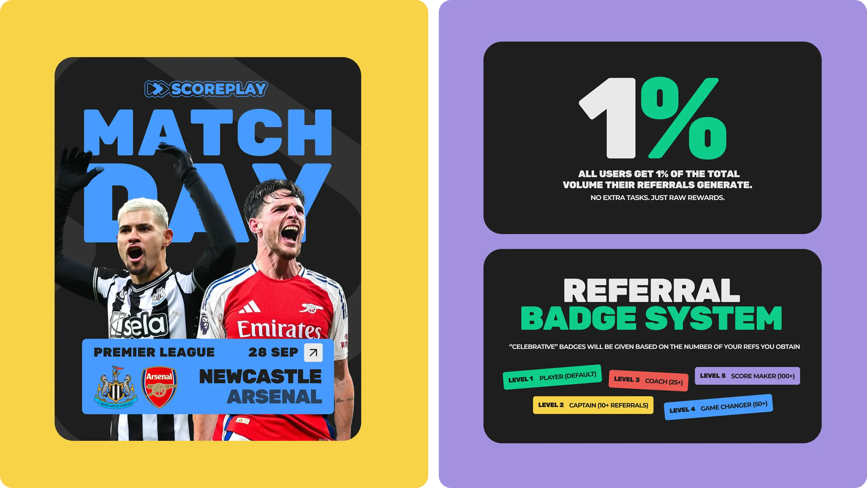 Marketing and referral system assets for Scoreplay, featuring a 'Match Day' athlete graphic and the tiered Referral Badge System rewards.