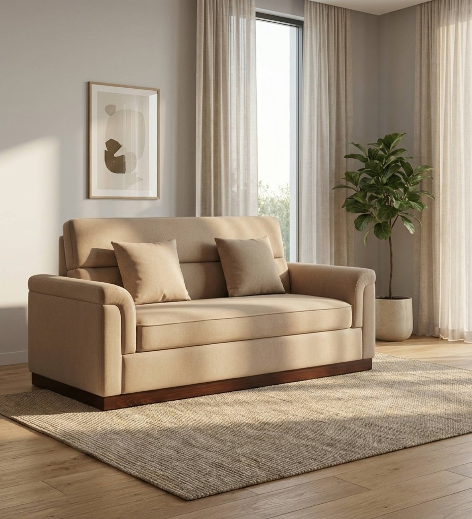 Luxury contemporary sofa with neutral fabric upholstery and exposed wooden frame