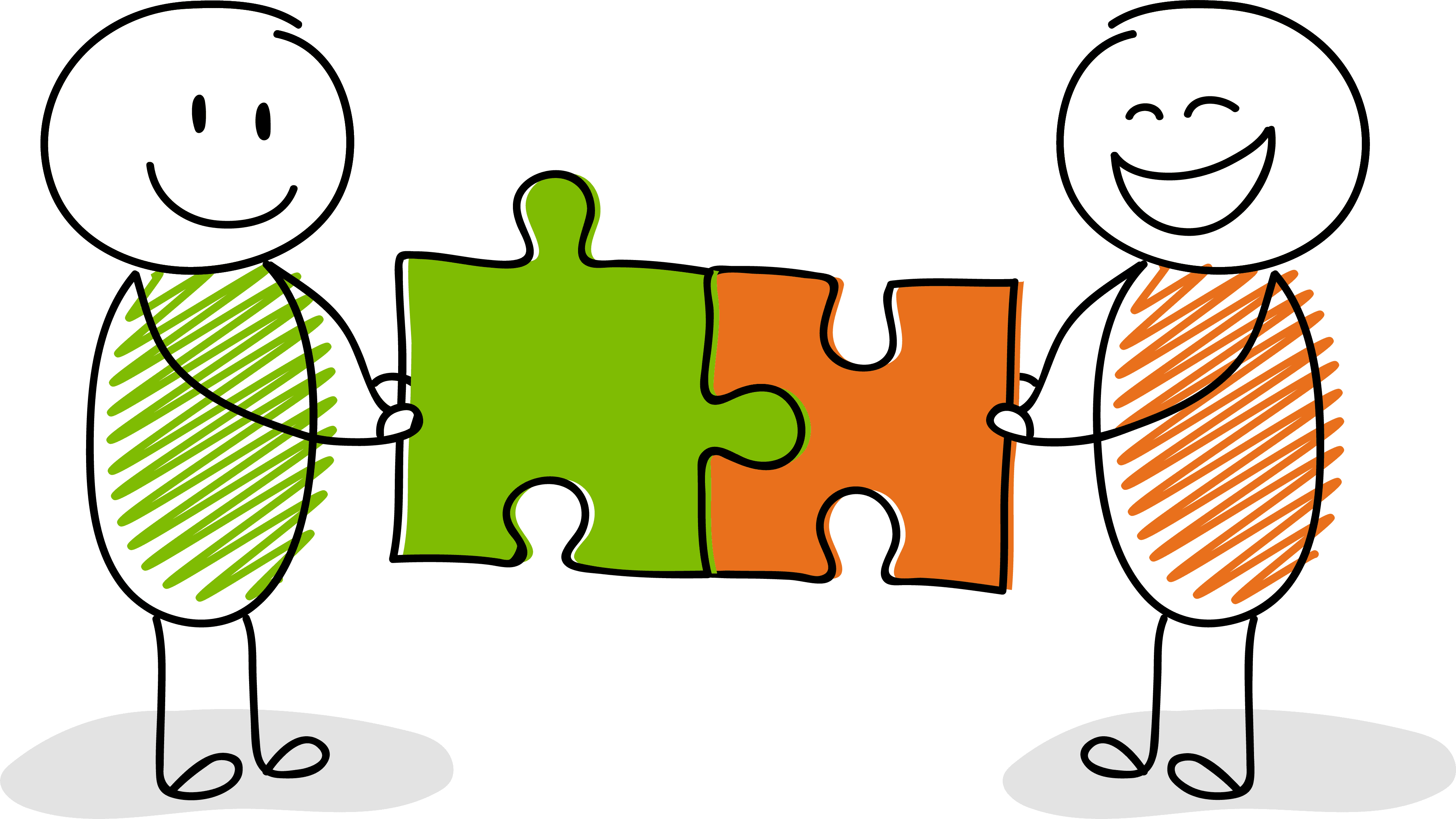 Two characters holding puzzle pieces
