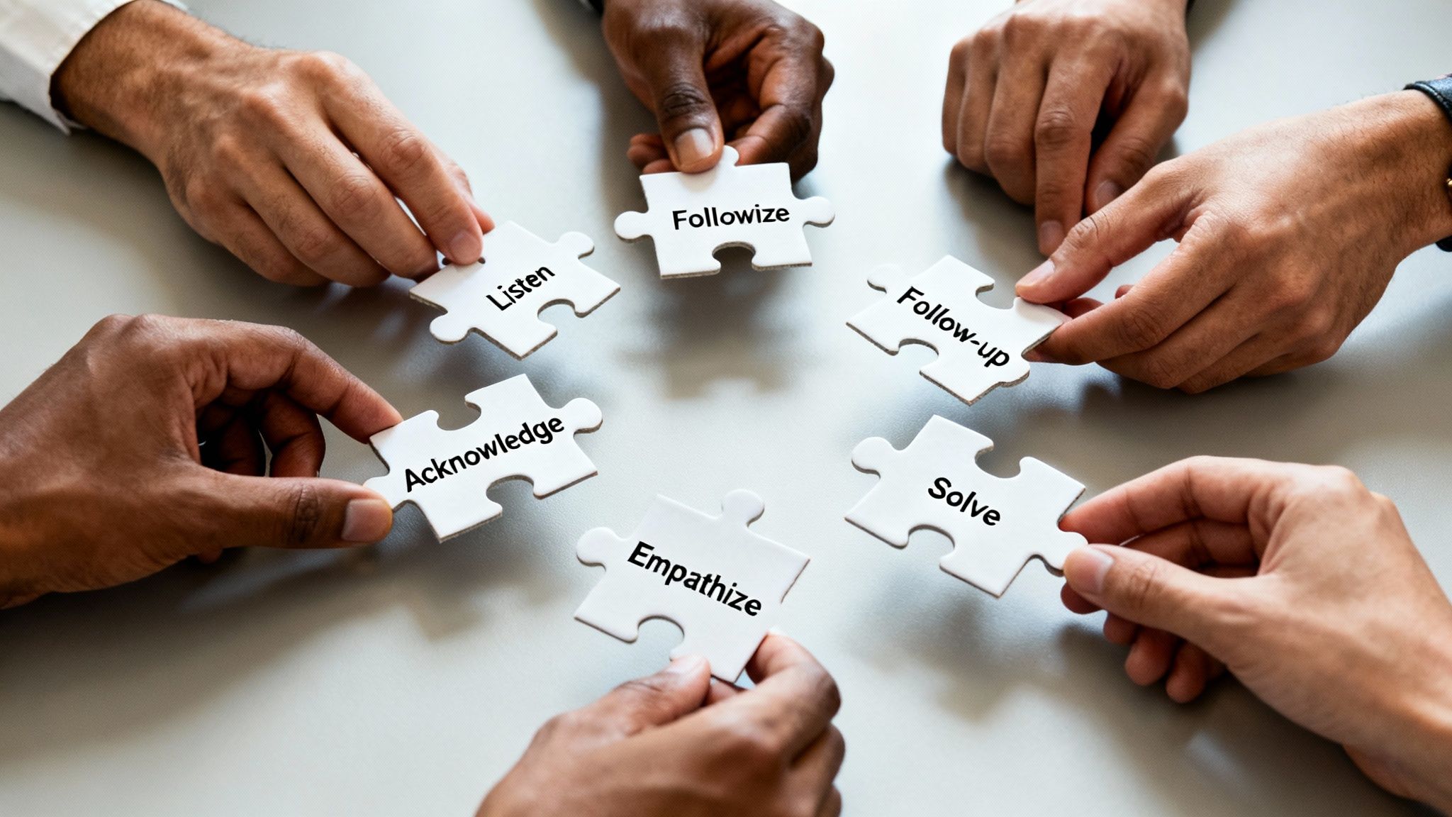 Diverse hands collaboratively connect puzzle pieces inscribed with customer service steps like Listen, Acknowledge, and Solve.