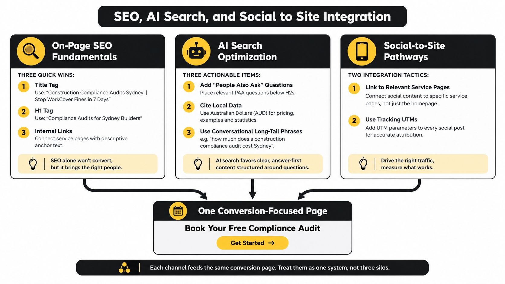 A diagram outlining strategies for SEO, AI search, and social media integration to improve website conversion rates.