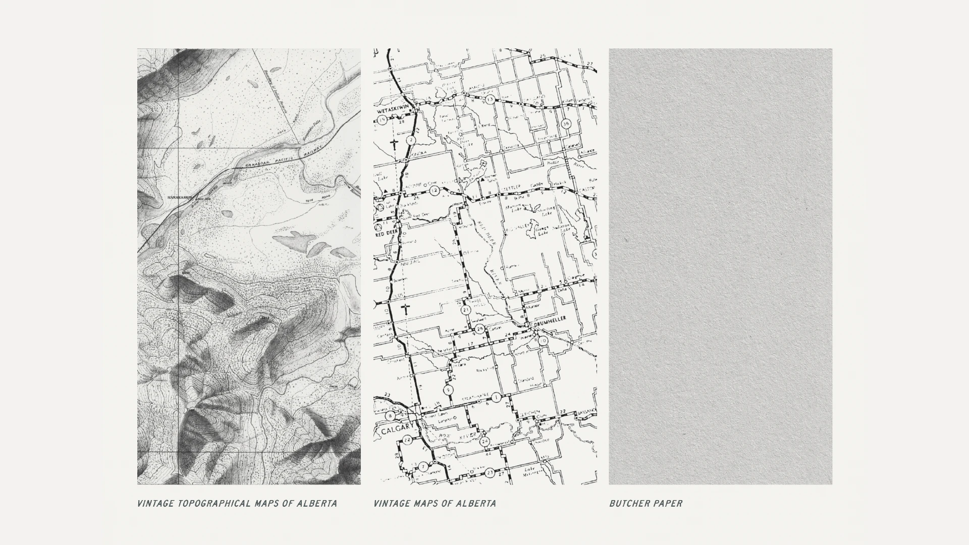 Vintage Alberta topographical maps used as graphic textures in the BertaBurritos brand identity