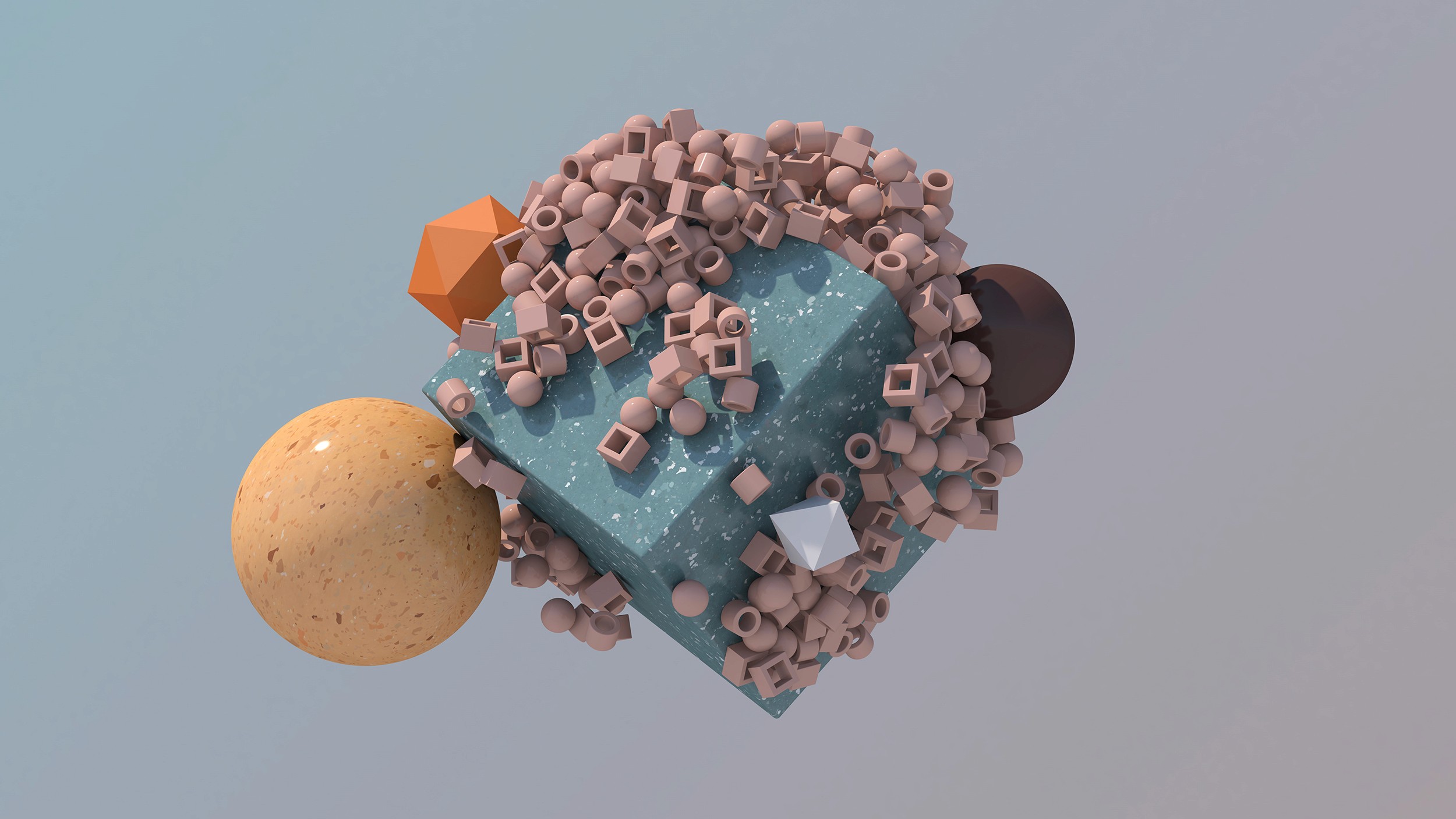 Abstract illustration, 3d render of colorful textured shapes flying.