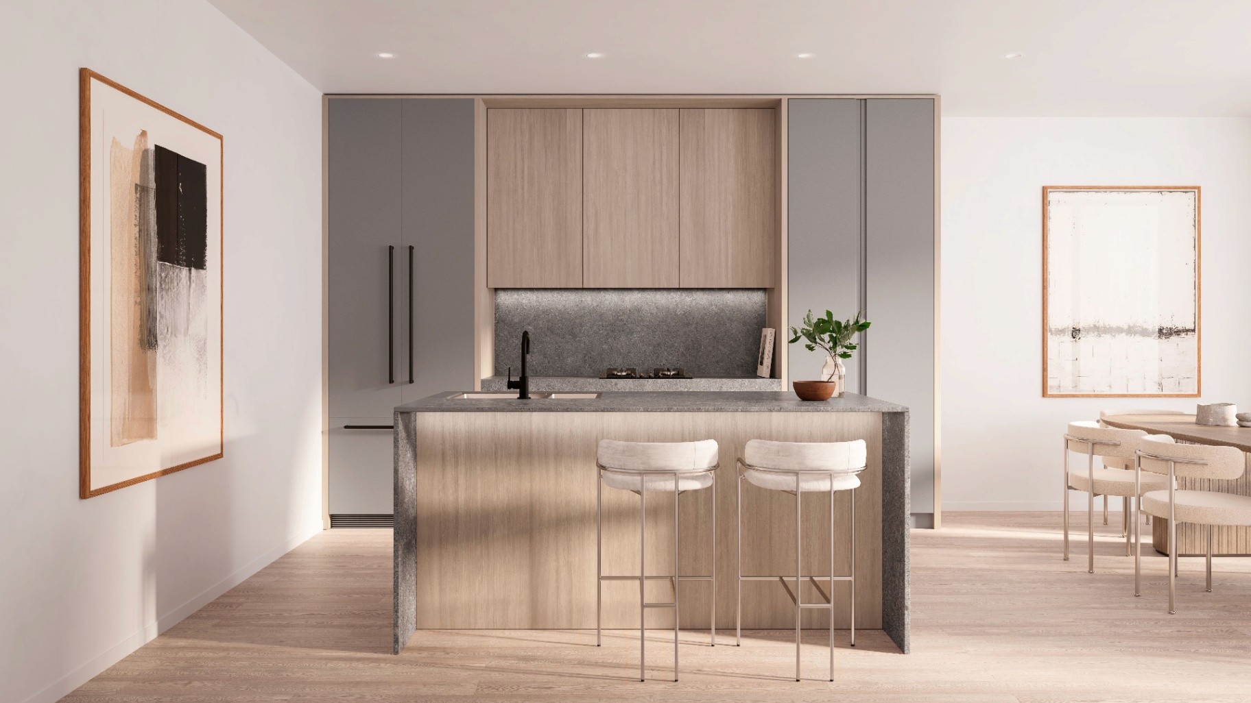 Modern kitchen with premium finishes and natural tones at Blossom Carlingford apartments, start with $10K using Coposit and pay over time
