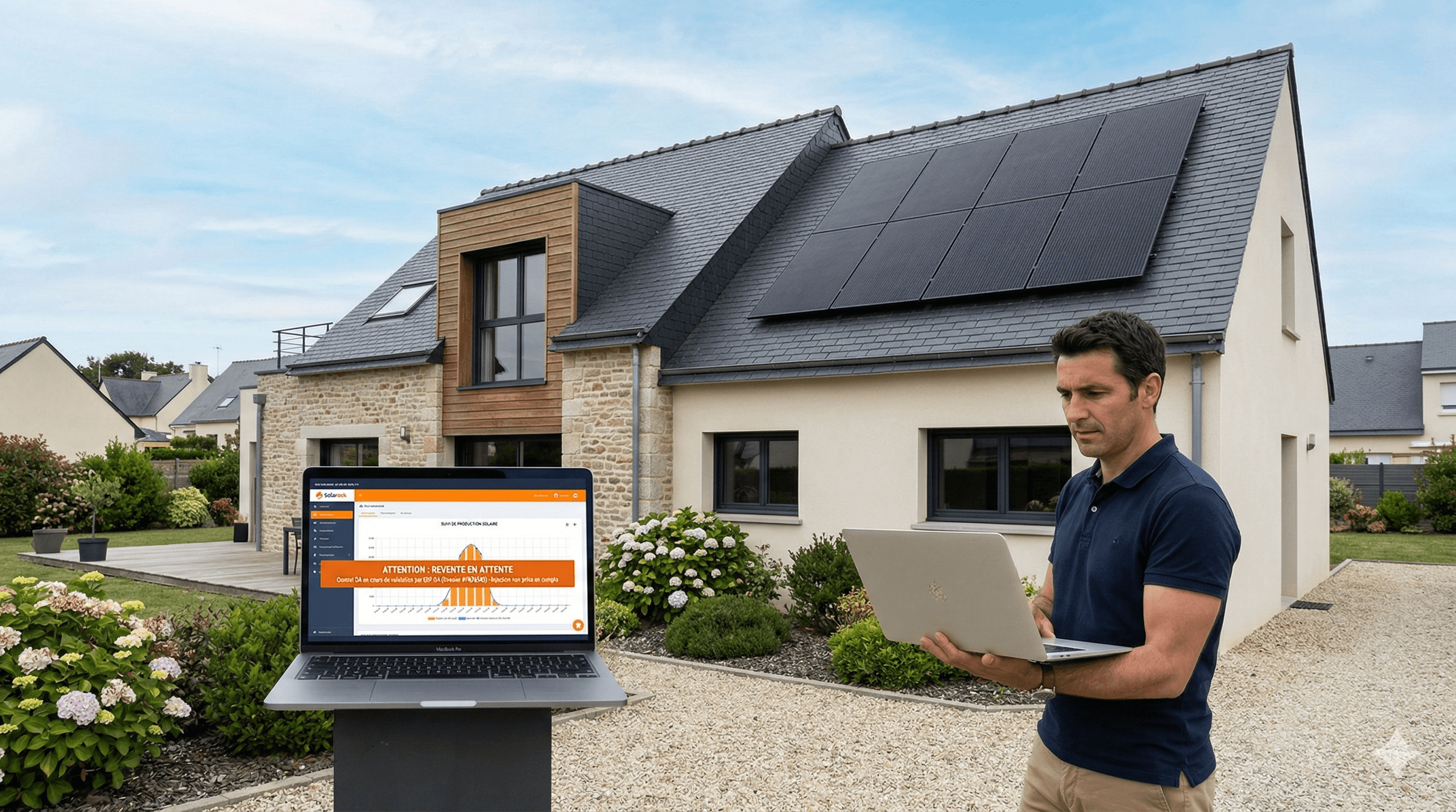 photo d'un propriétaire regarde une tablette ou un ordinateur affichant une interface de suivi solaire