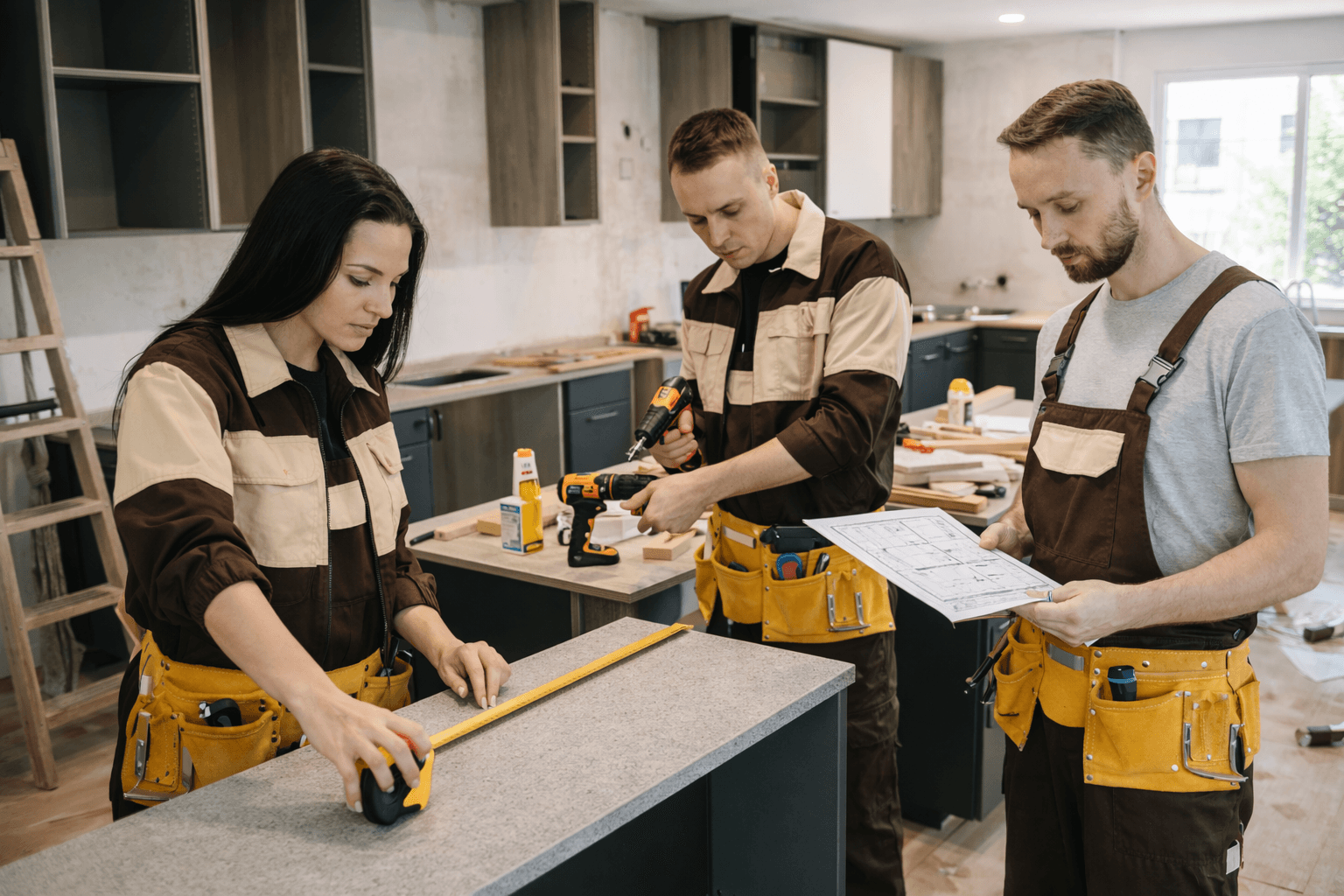 Three contractors remodeling a kitchen