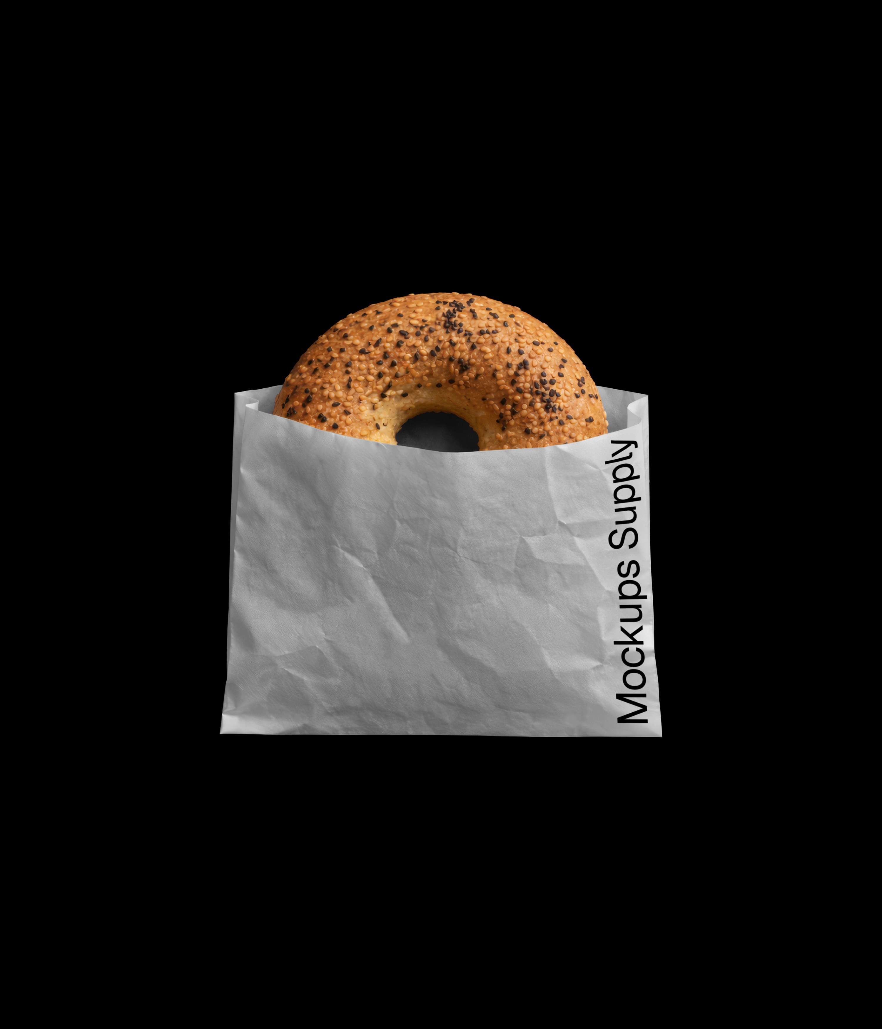 Bagel in white paper bag mockup on black background for Photoshop download psd