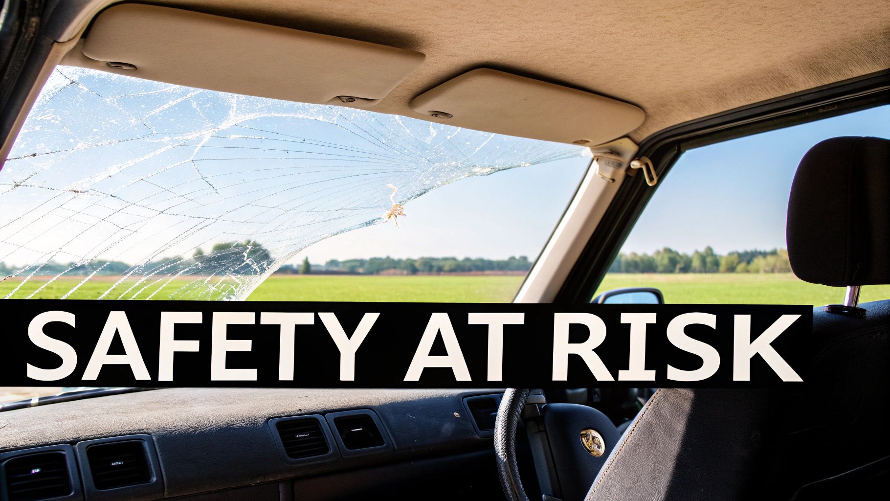 A severely cracked windshield with a large impact point, illustrating a major safety hazard.