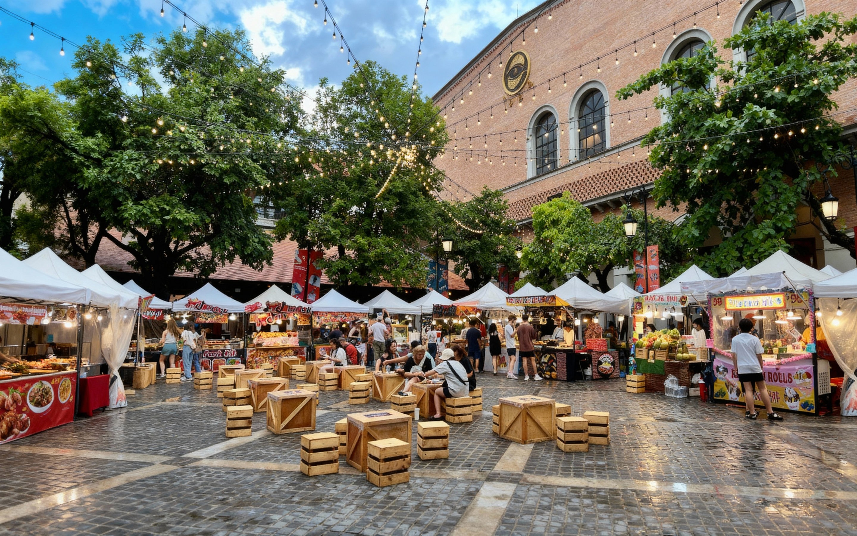 Outdoor night market in Chiang Mai’s Nimman area featuring rows of white-tented food stalls, warm hanging string lights, wooden seating crates, and people dining in a lively courtyard surrounded by trees and a red-brick building.