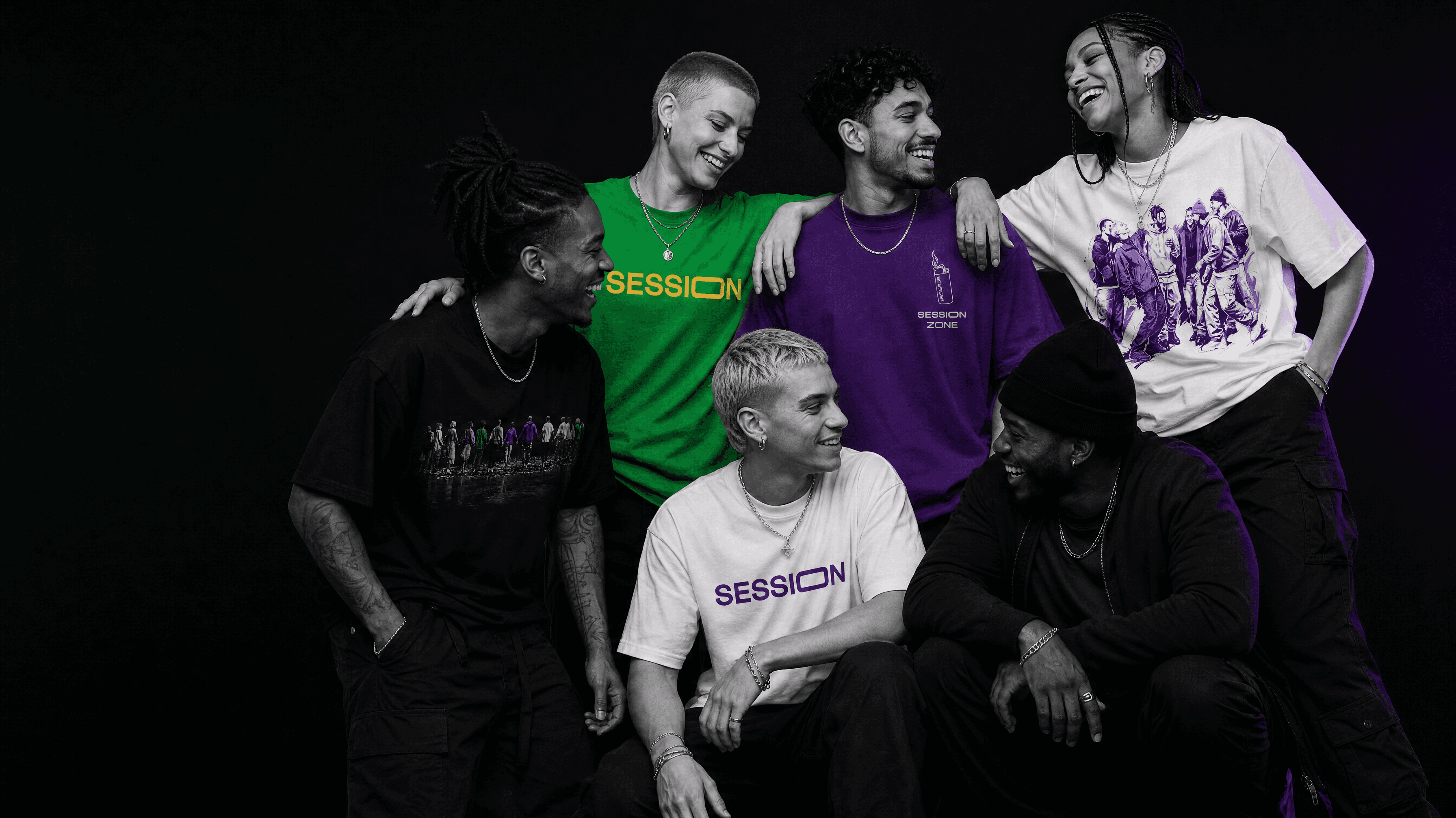 Friends laughing in green, purple, black and white Session Zone T-shirts from the cannabis brand’s apparel collection.