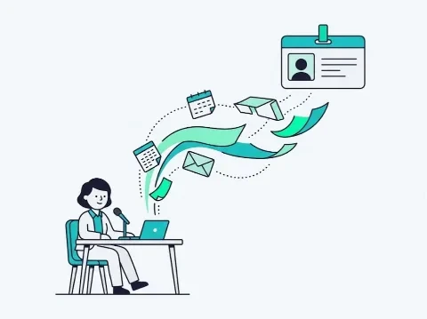 Illustration of a person talking into a microphone while their emails and calendar fold into a profile card