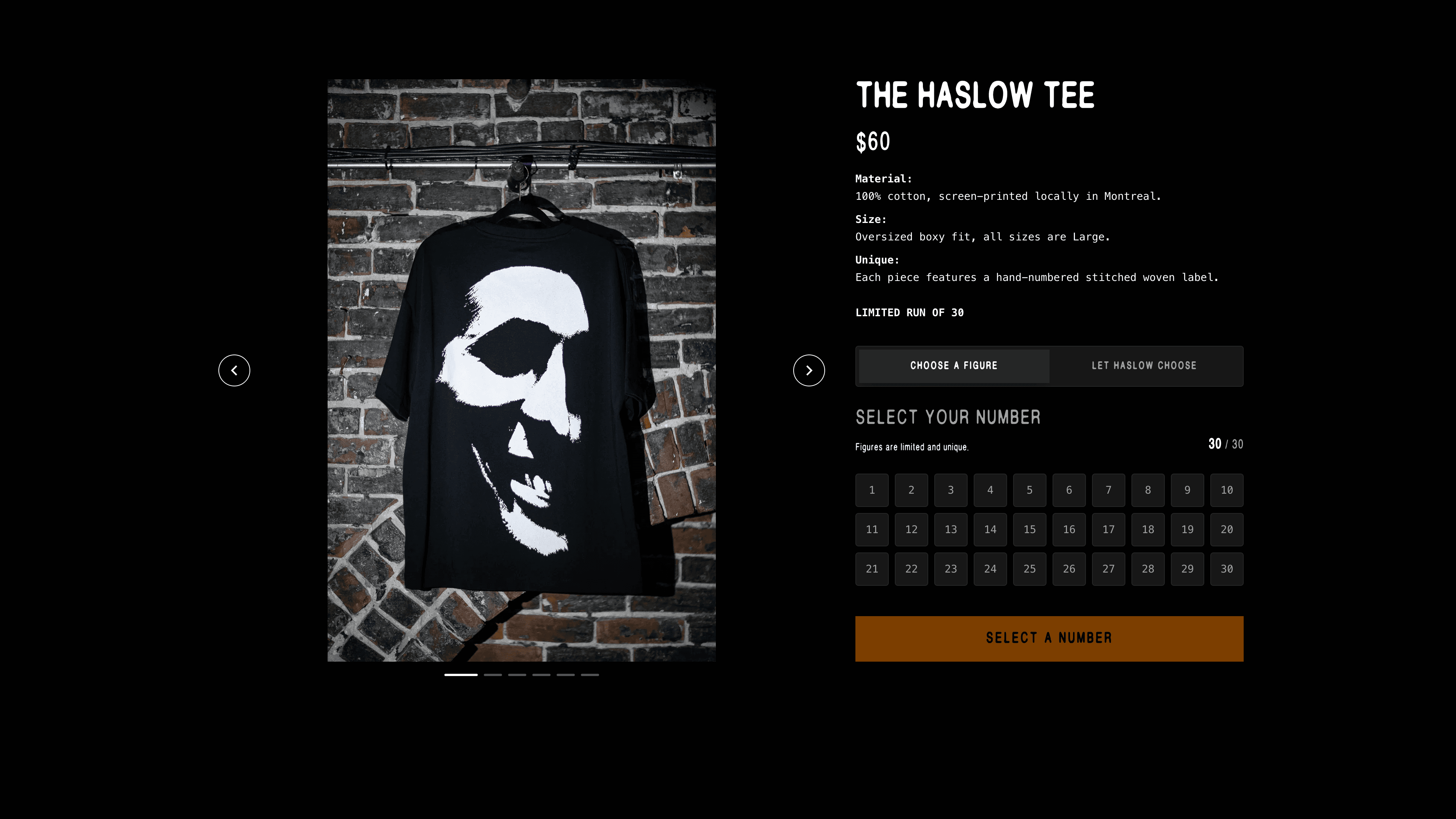 Product information, choosing a number for the t-shirt.
