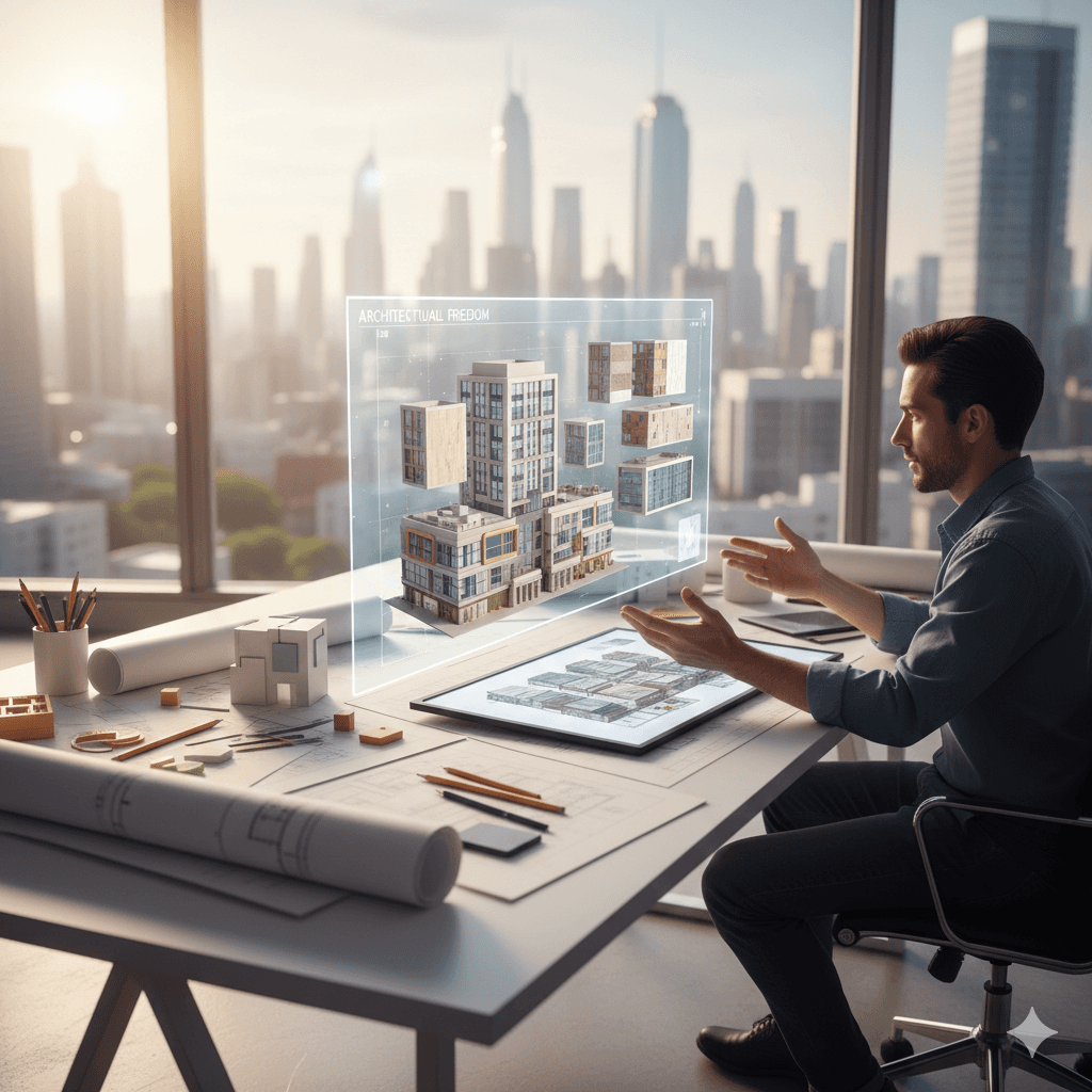 Modern architectural 3D model of a shop-cum-office building showing flexible design levels for SCO plots