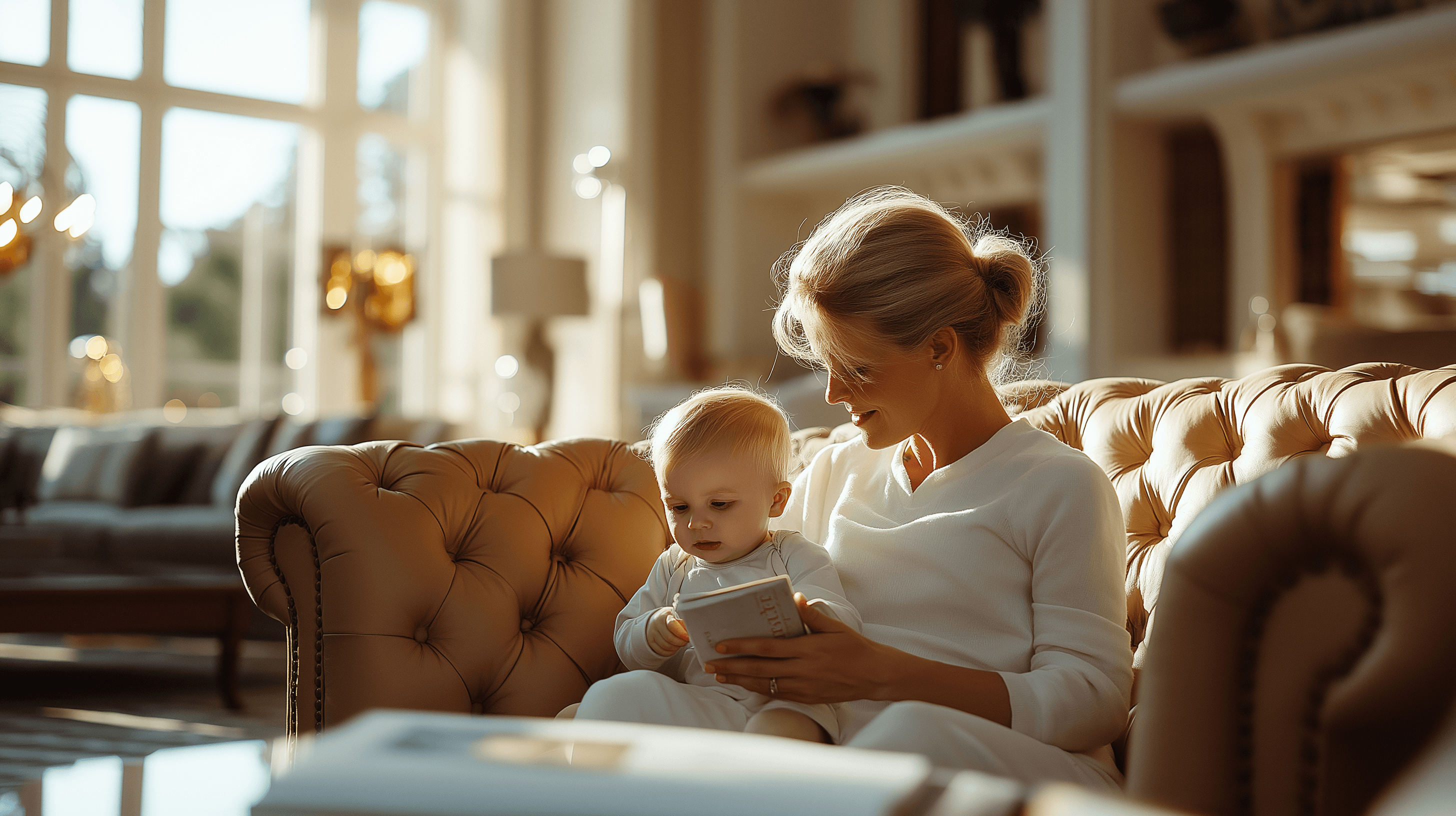 A sophisticated high profile nanny caring for a toddler in a luxurious modern living room