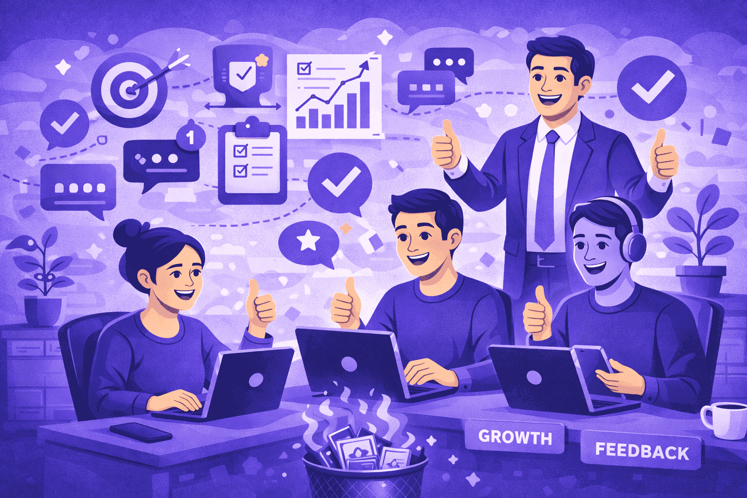 Gen Z employees collaborating with clear goals, feedback, and supportive leadership in a modern, focus-friendly workplace