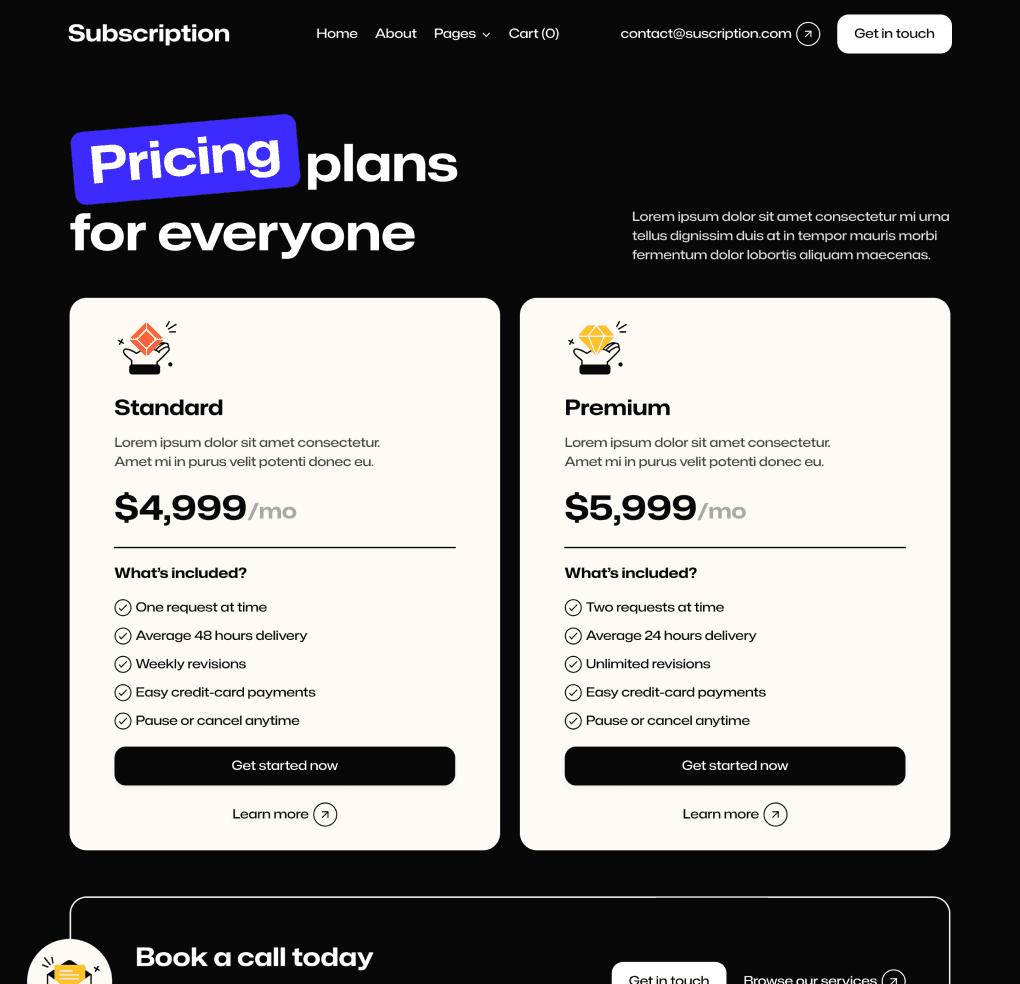 Subscription X - Pricing V1 Page - Design Subscription Agency Framer Template
